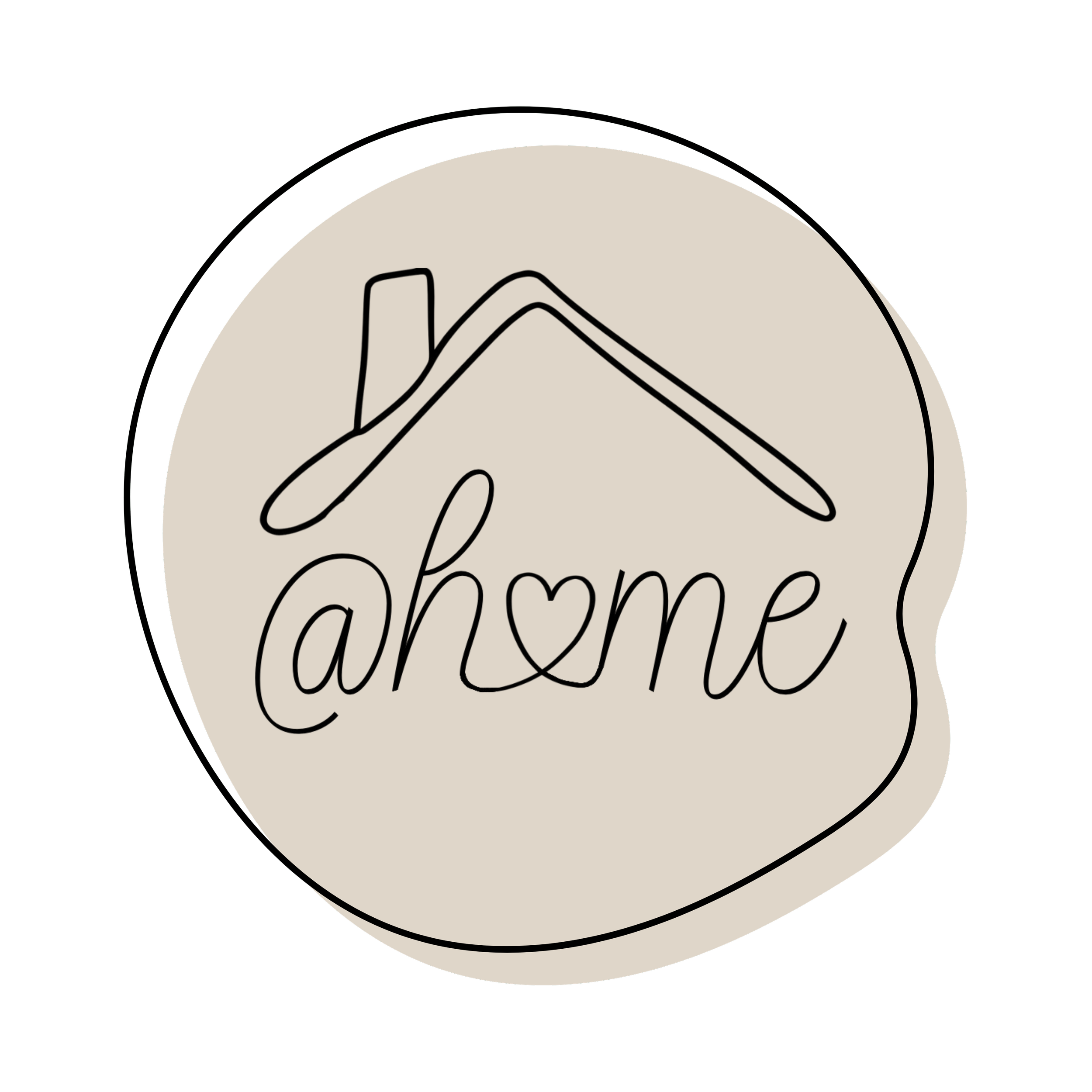 Ein runder Aufkleber mit der Aufschrift '@home' in eleganter, schwarzer Handschrift auf hellem Hintergrund, umgeben von einer schwarzen Kontur.