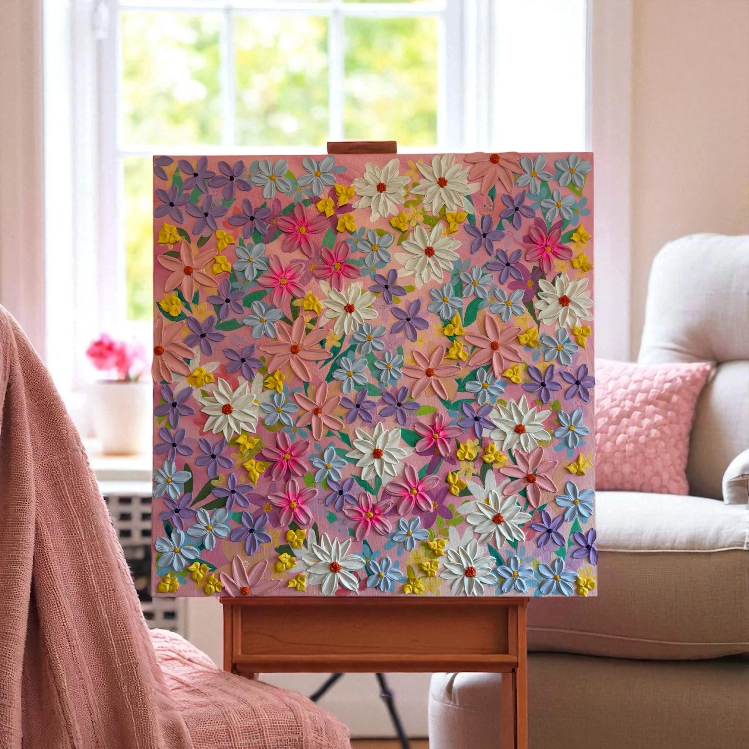 A pink canvas with 3D artificial flowers in various colors including purple, white, yellow, pink, and blue, arranged to resemble a floral painting, is placed on a small wooden table in a room with a window in the background showing greenery outside.