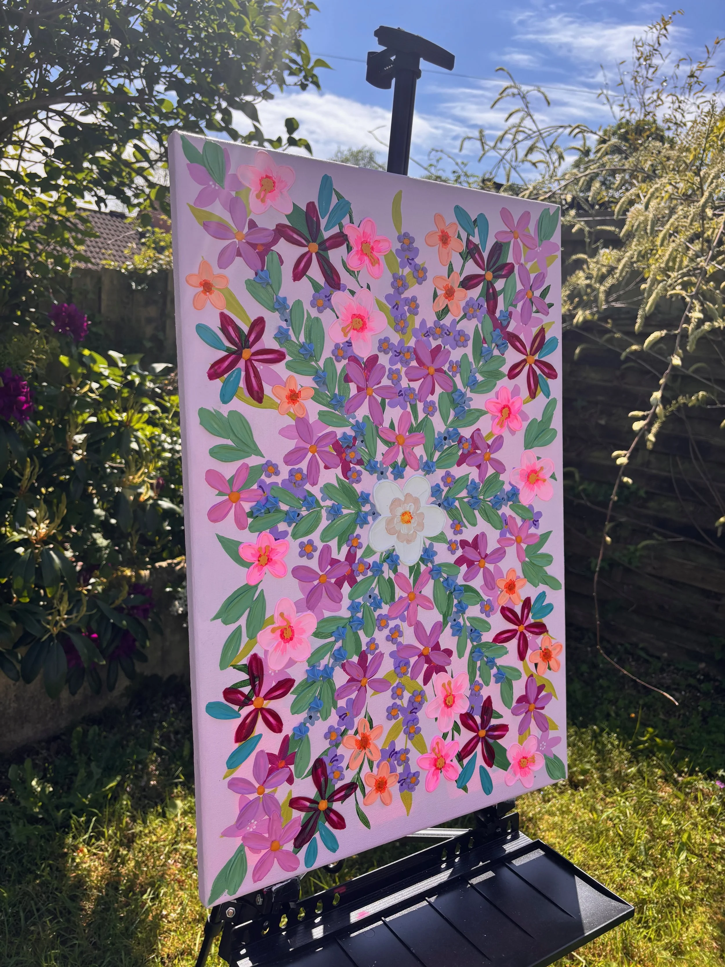 Colourful floral canvas artwork inspired by a moonlit cottage garden