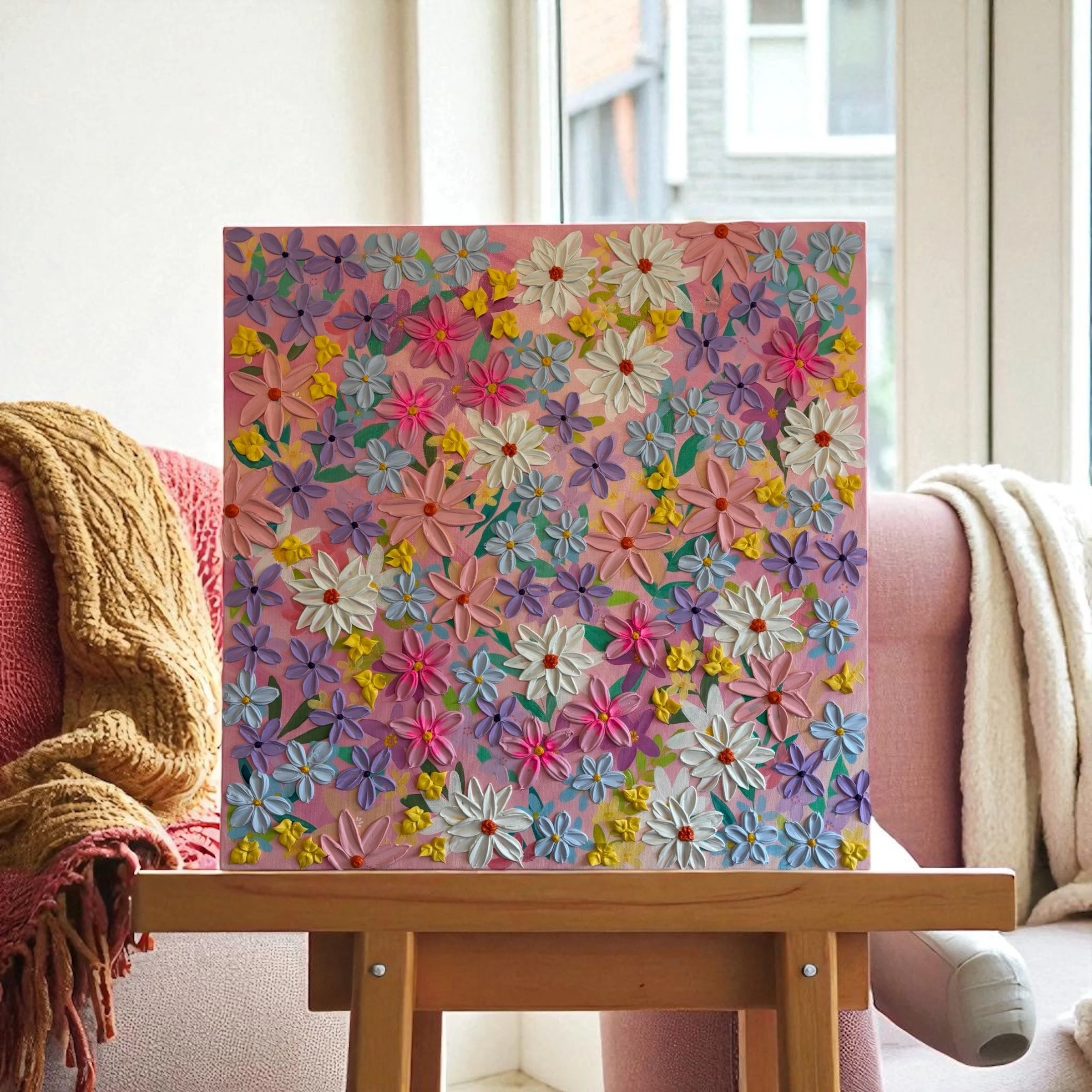A wooden table in front of a window with a handmade colorful paper flower art board placed on top. The art features various flowers in pastel colors on a pink background.