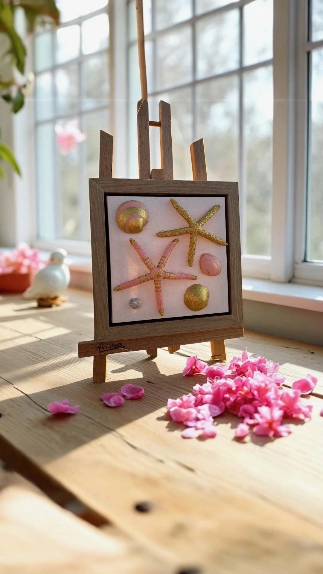 Small pink and gold shell wall art with hand painted starfish