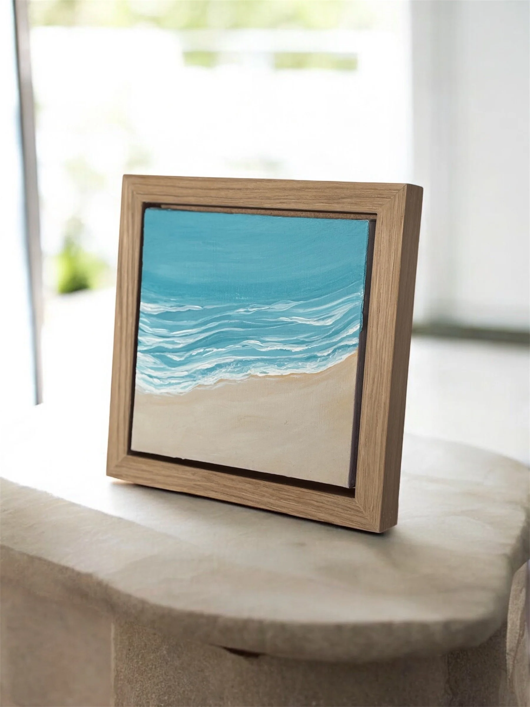 Shoreline II original coastal seascape painting with turquoise ocean waters and golden sands in oak veneer frame