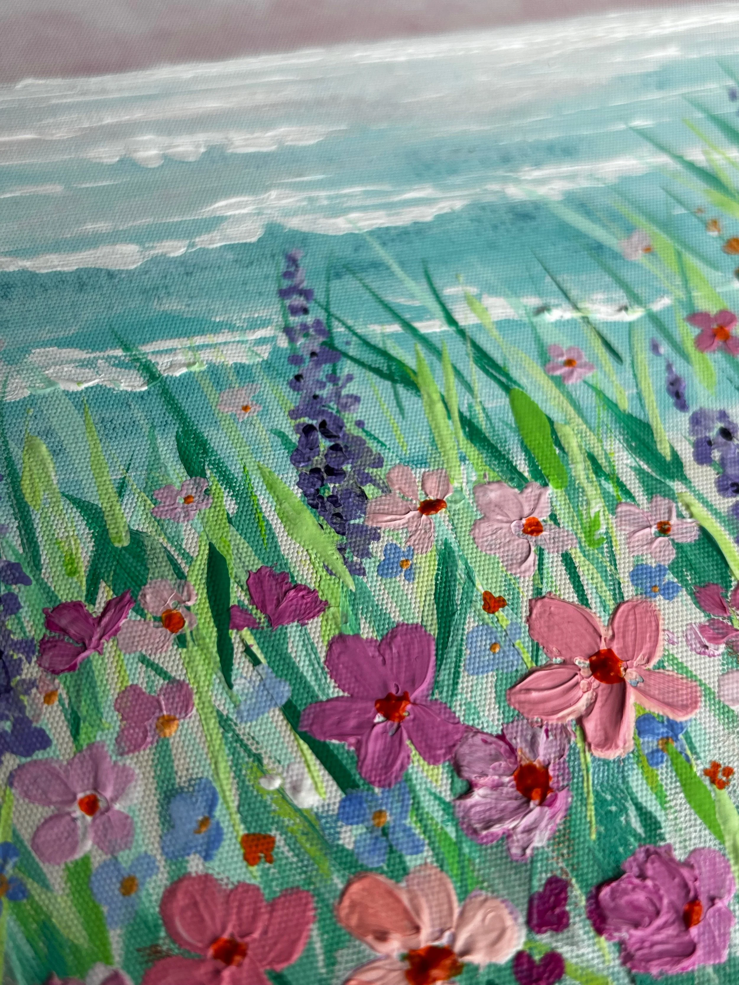 Seascape II original coastal landscape painting with pink skies turquoise ocean and meadow flowers in oak veneer frame