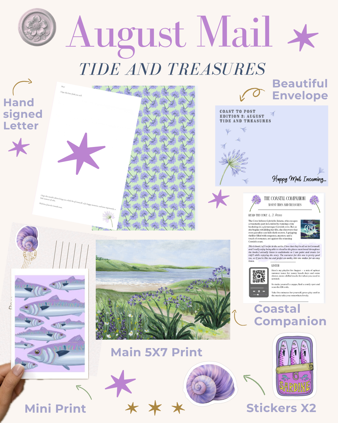 A collage of scrapbook materials themed around August, featuring lilac colors and seaside motifs. Includes a hand-signed letter, a blue envelope with a floral design, a print of lavender and landscape, a sheet of sardine stickers, a mini print of fish, a coastal companion card, and two stickers of sardines.