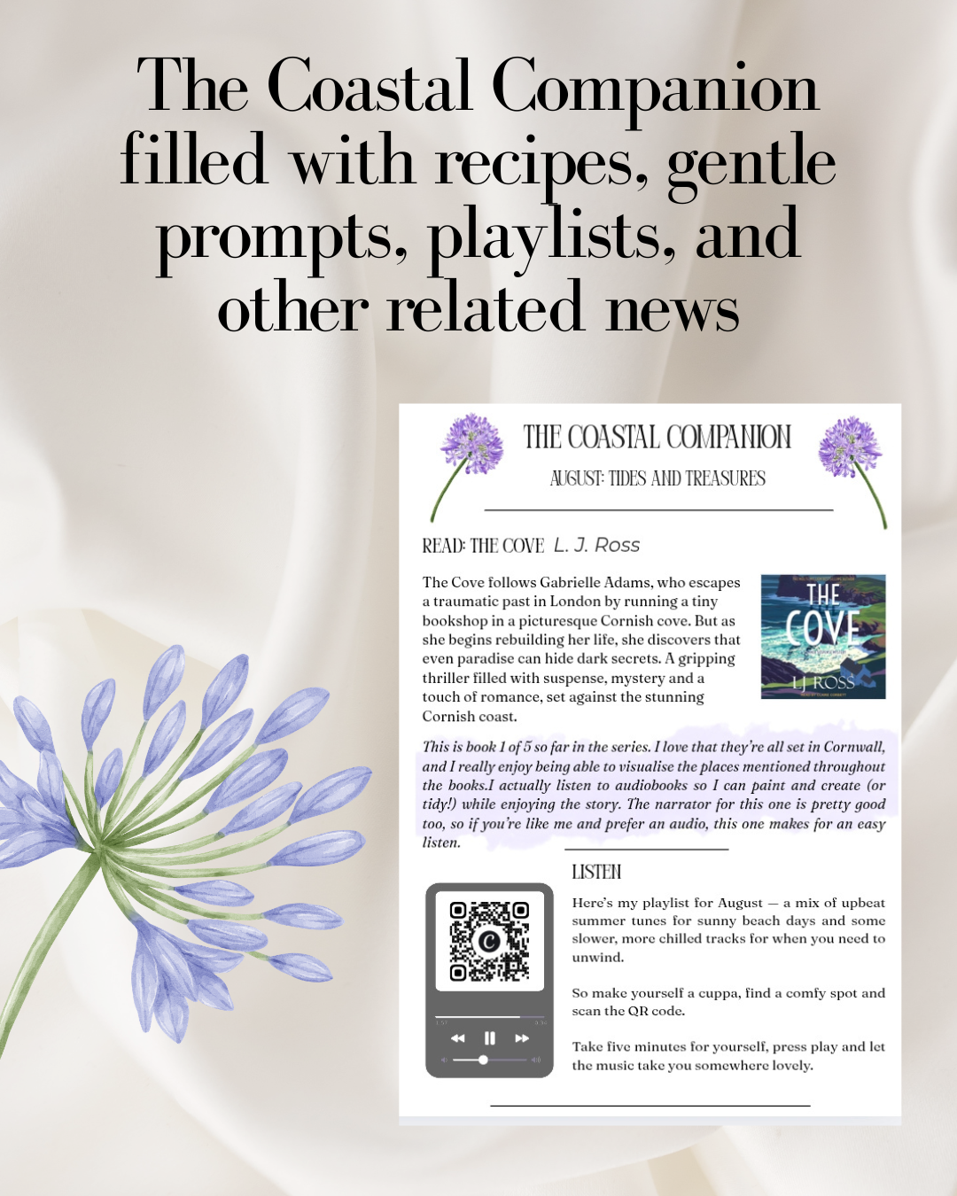 A newsletter titled 'The Coastal Companion,' August issue, featuring a book review, playlist link, and floral illustrations of purple flowers on a light background.