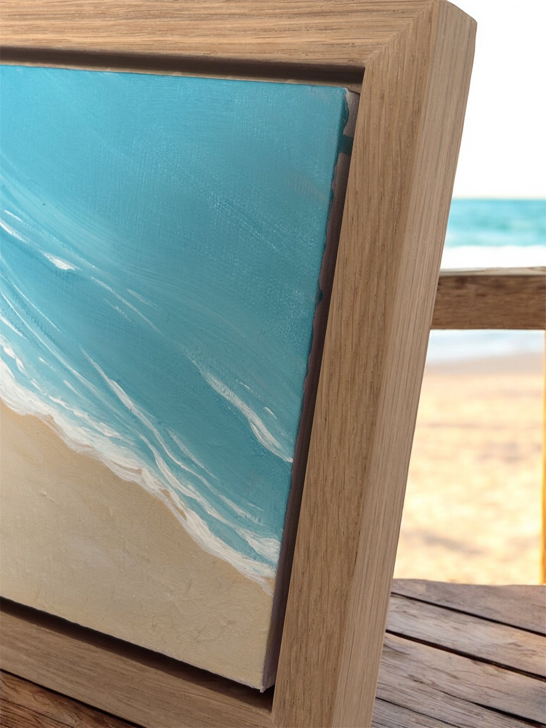 Shoreline I original coastal seascape painting with turquoise ocean waters and golden sands in oak veneer frame