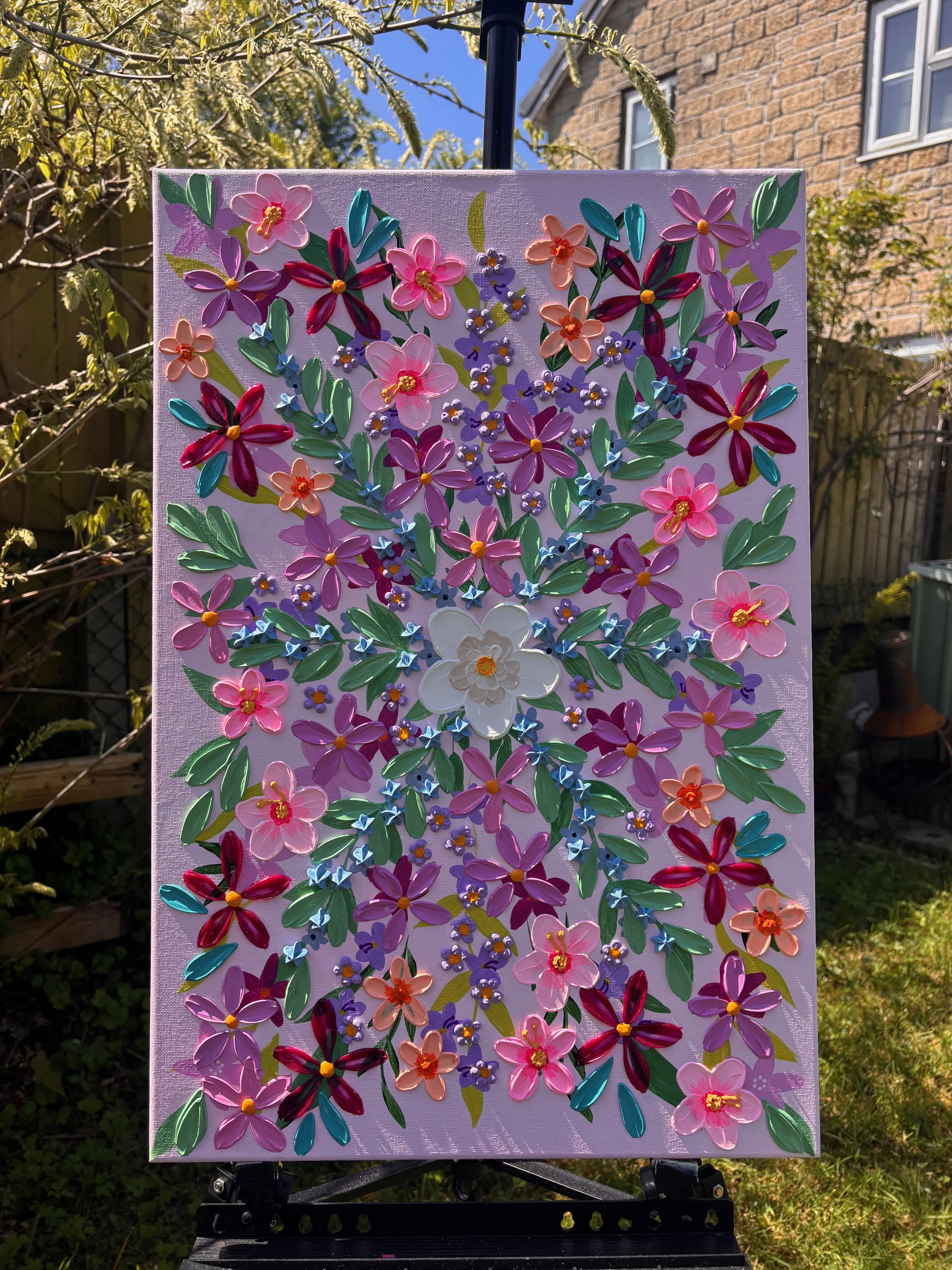 Modern floral wall art with rich acrylic texture and colourful flowers