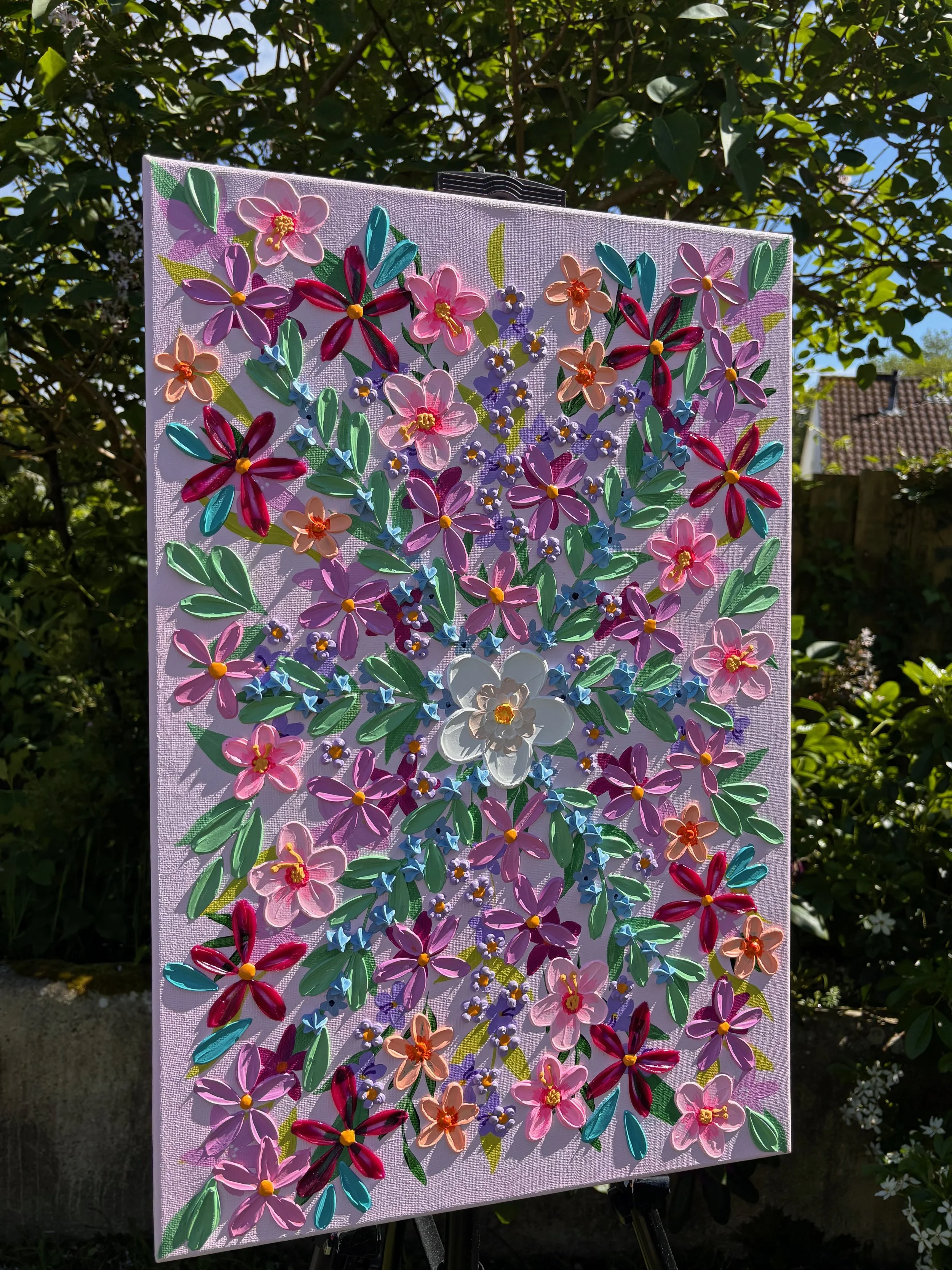 Colourful floral canvas artwork inspired by a moonlit cottage garden