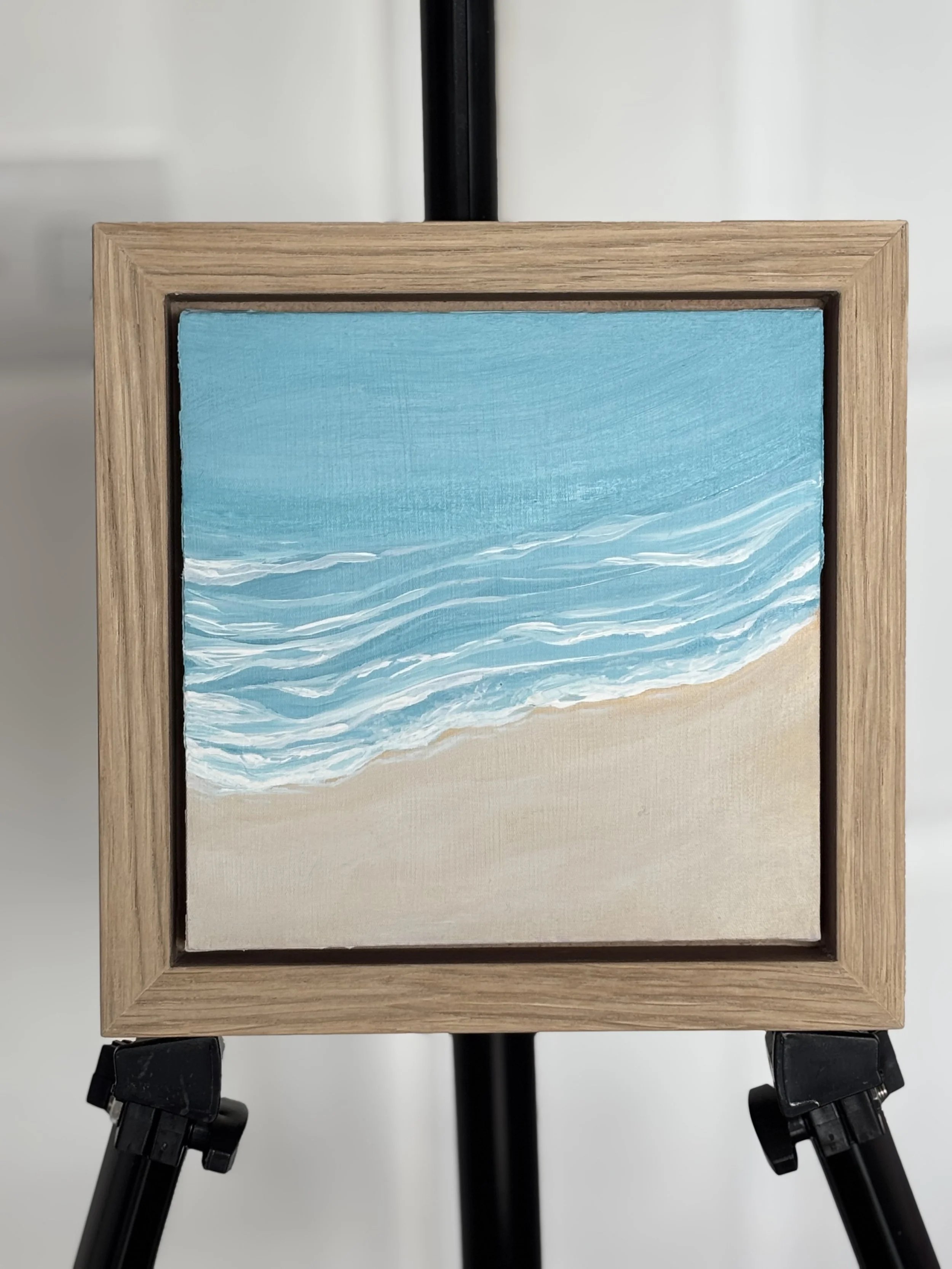 Shoreline II original coastal seascape painting with turquoise ocean waters and golden sands in oak veneer frame