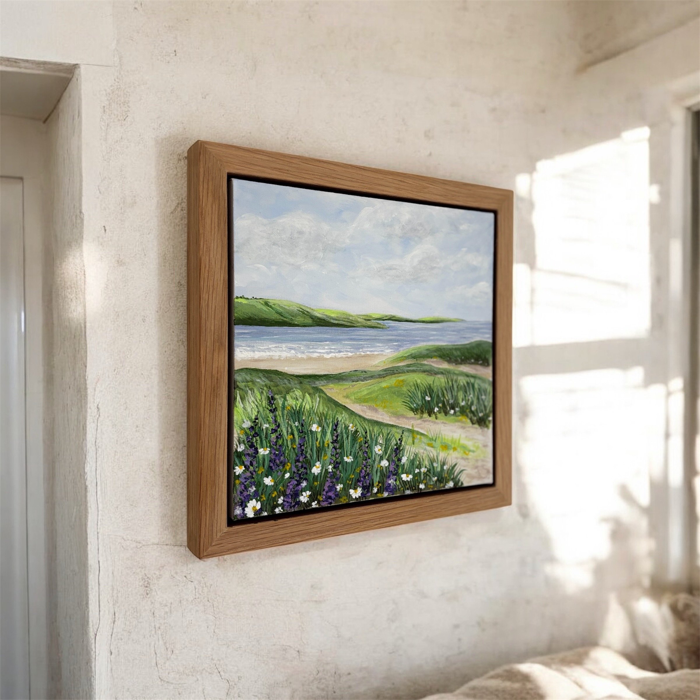 Rock to Tregirls original Cornwall coastal painting featuring green fields and calm estuary waters in oak veneer frame