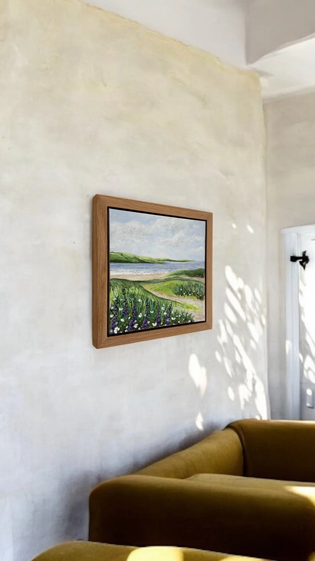 Rock to Tregirls original Cornwall coastal painting featuring green fields and calm estuary waters in oak veneer frame