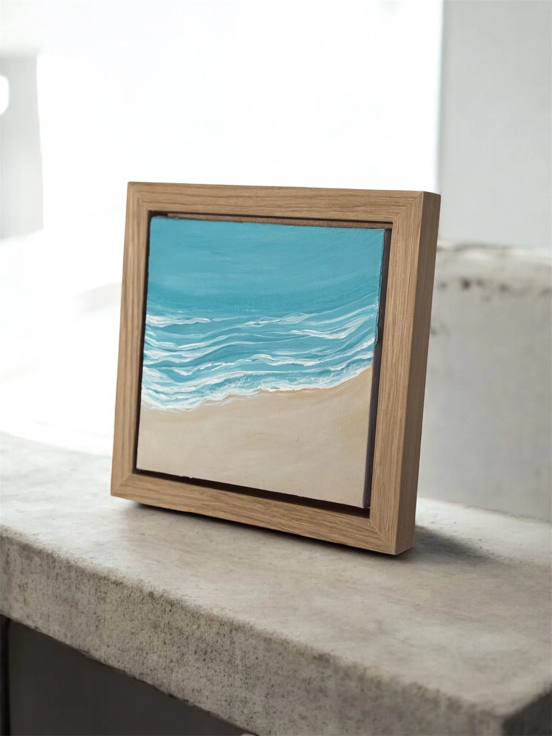 Shoreline II original coastal seascape painting with turquoise ocean waters and golden sands in oak veneer frame