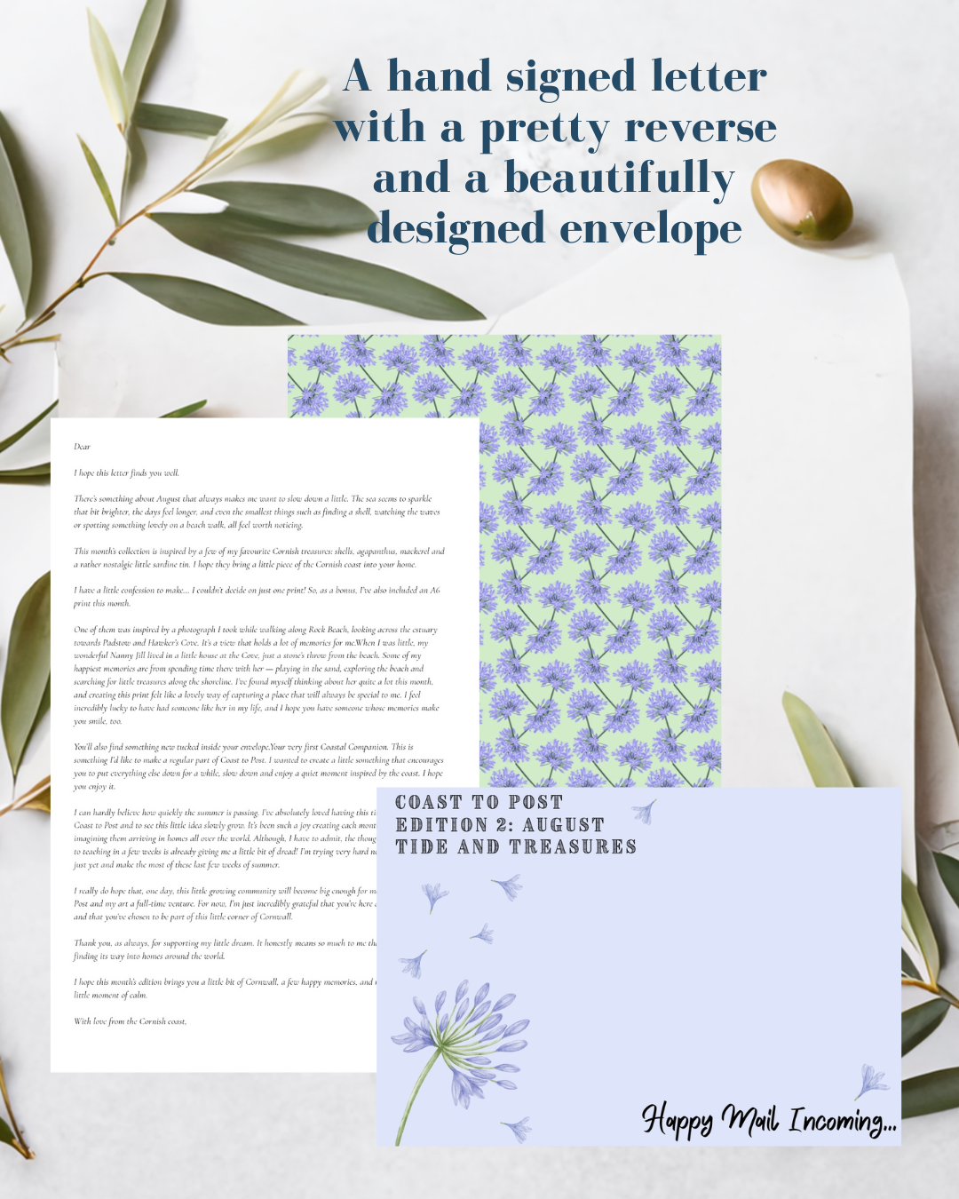 A promotional image displaying a hand-signed letter, a decorative envelope with a floral pattern, and a smaller note that says "COAST TO POST EDITION 2: AUGUST TIDE AND TREASURES" with purple flowers and the message "Happy Mail Incoming." The background includes a white surface with leaves and a small stone.