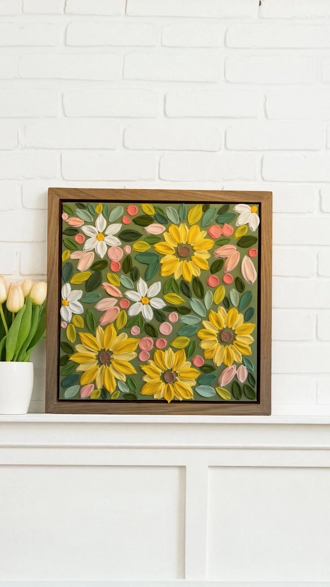 Textured floral wall art featuring large yellow sunflowers on olive green background