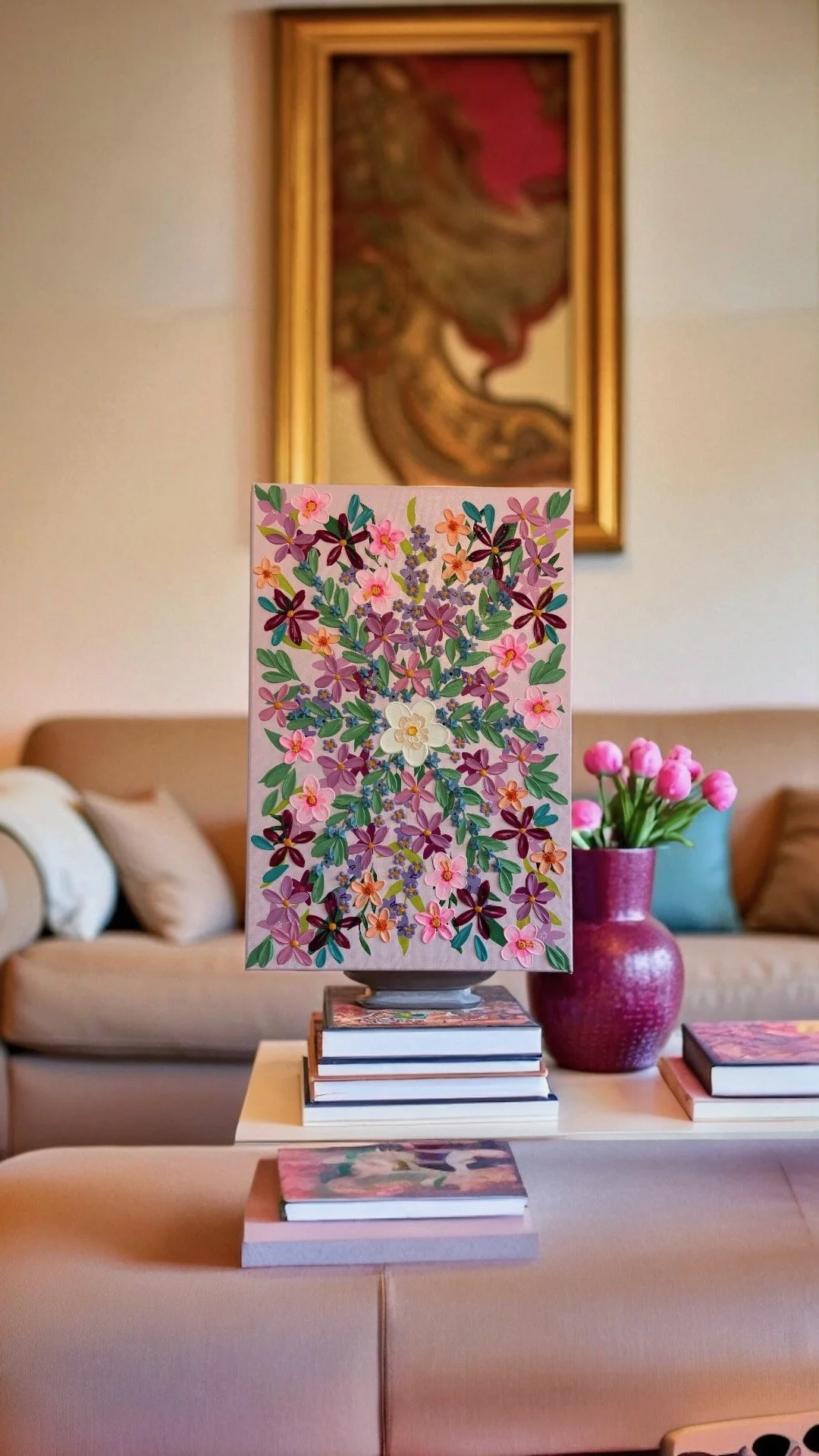 Modern floral wall art with rich acrylic texture and colourful flowers