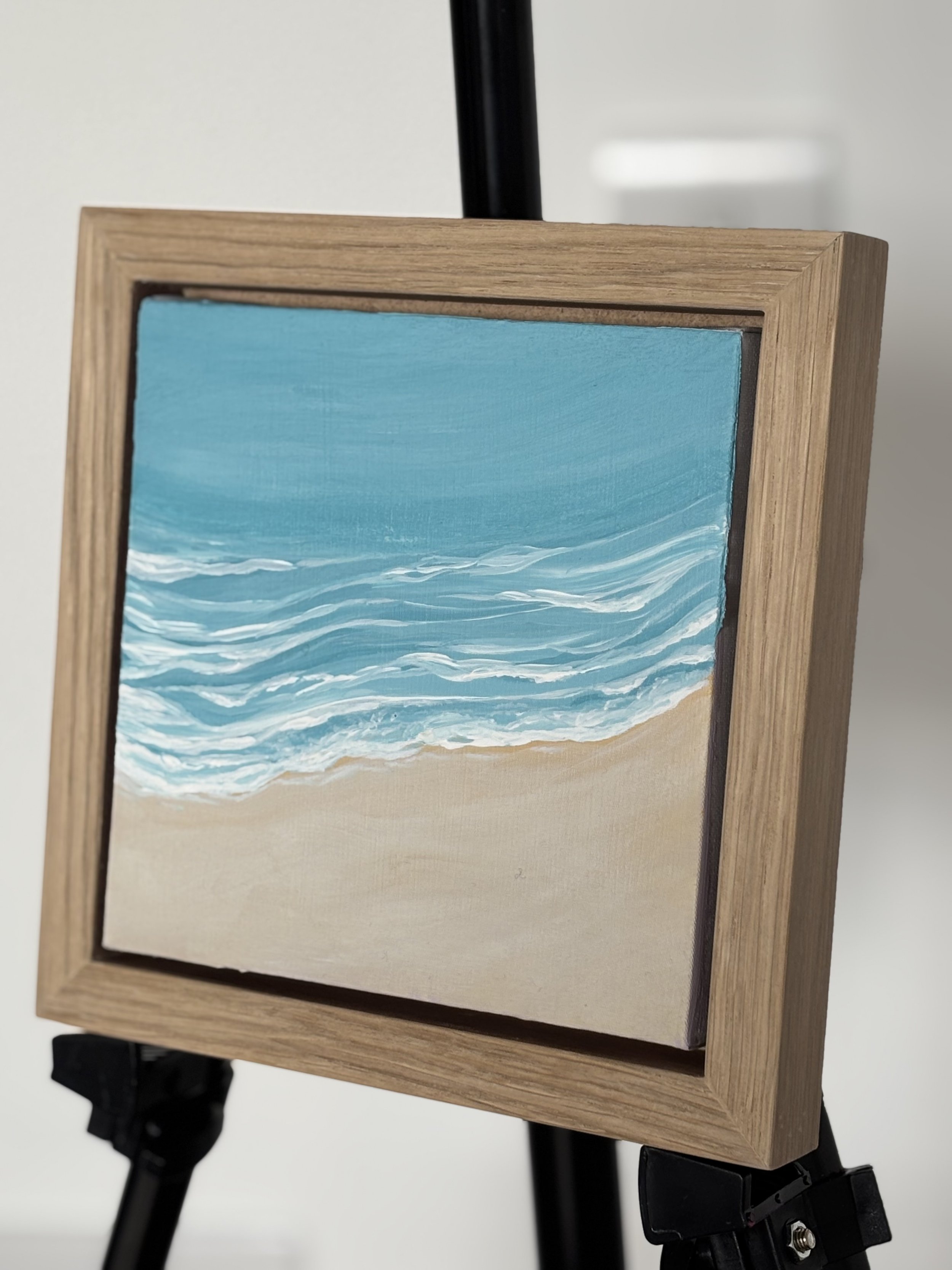 Shoreline II original coastal seascape painting with turquoise ocean waters and golden sands in oak veneer frame
