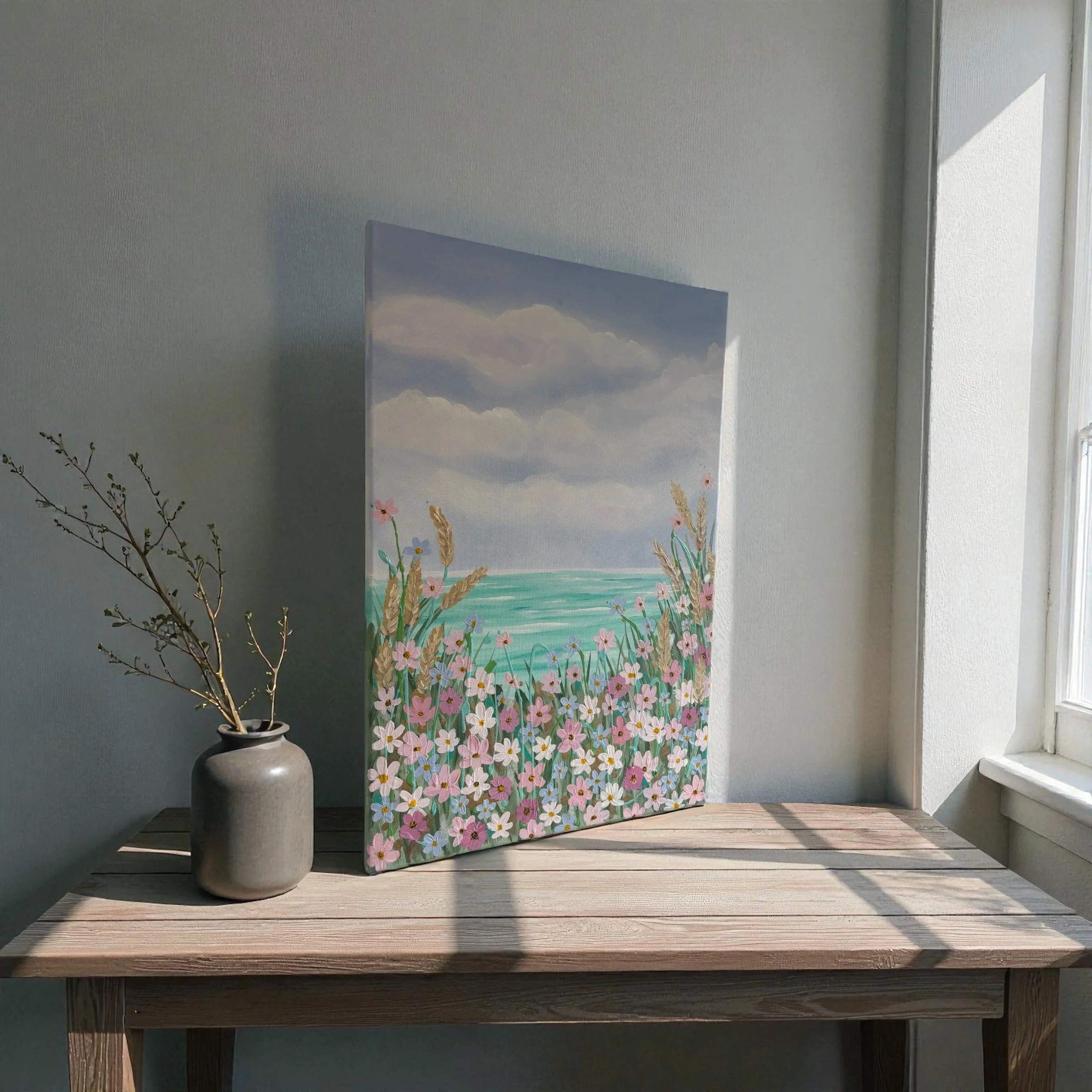 A floral painting leaning against a gray wall on a wooden table with a white vase holding dried branches nearby, sunlight casting shadows.