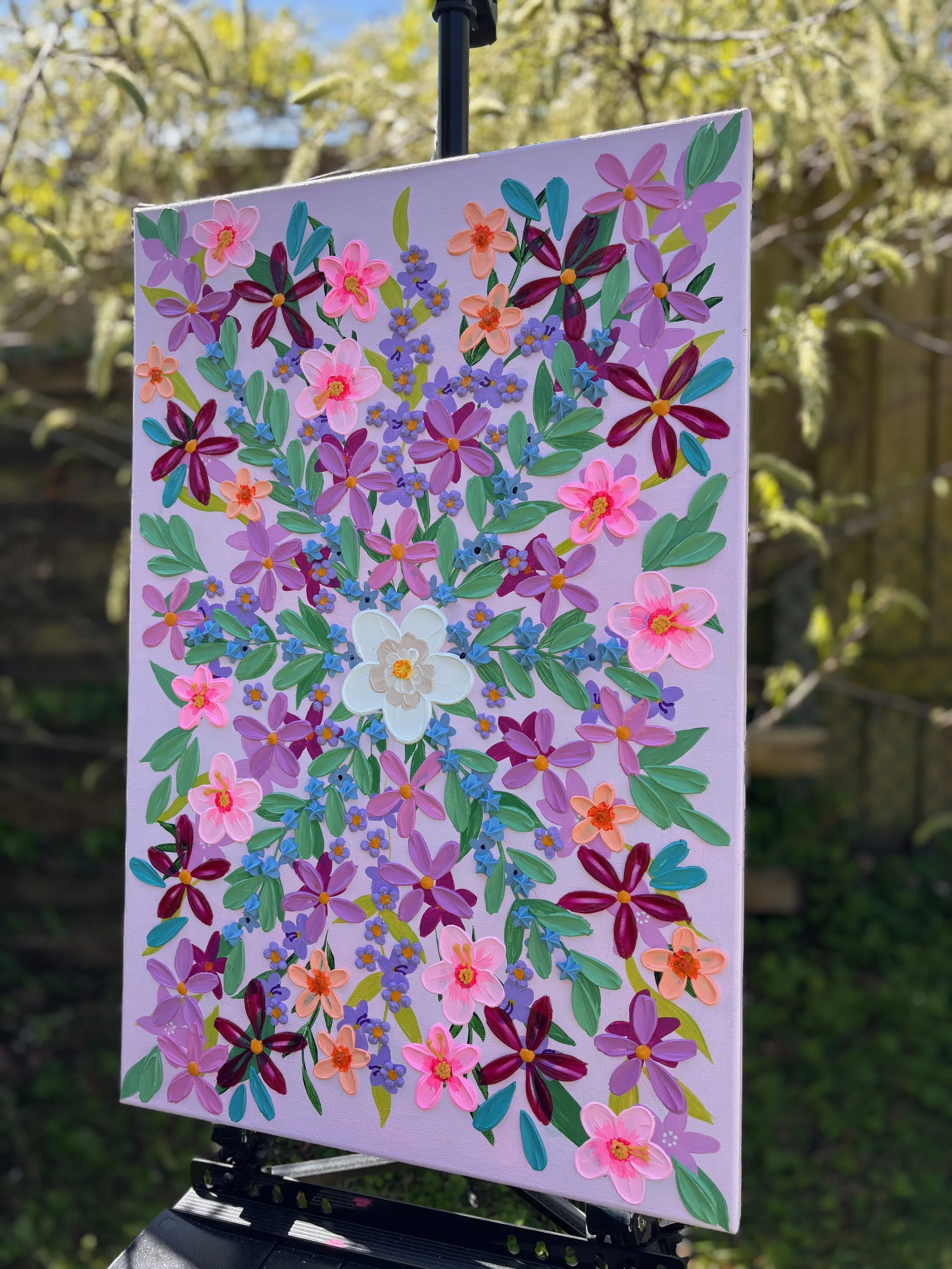 Heavily-textured-floral-painting-colourful-flowers-soft-pink-background