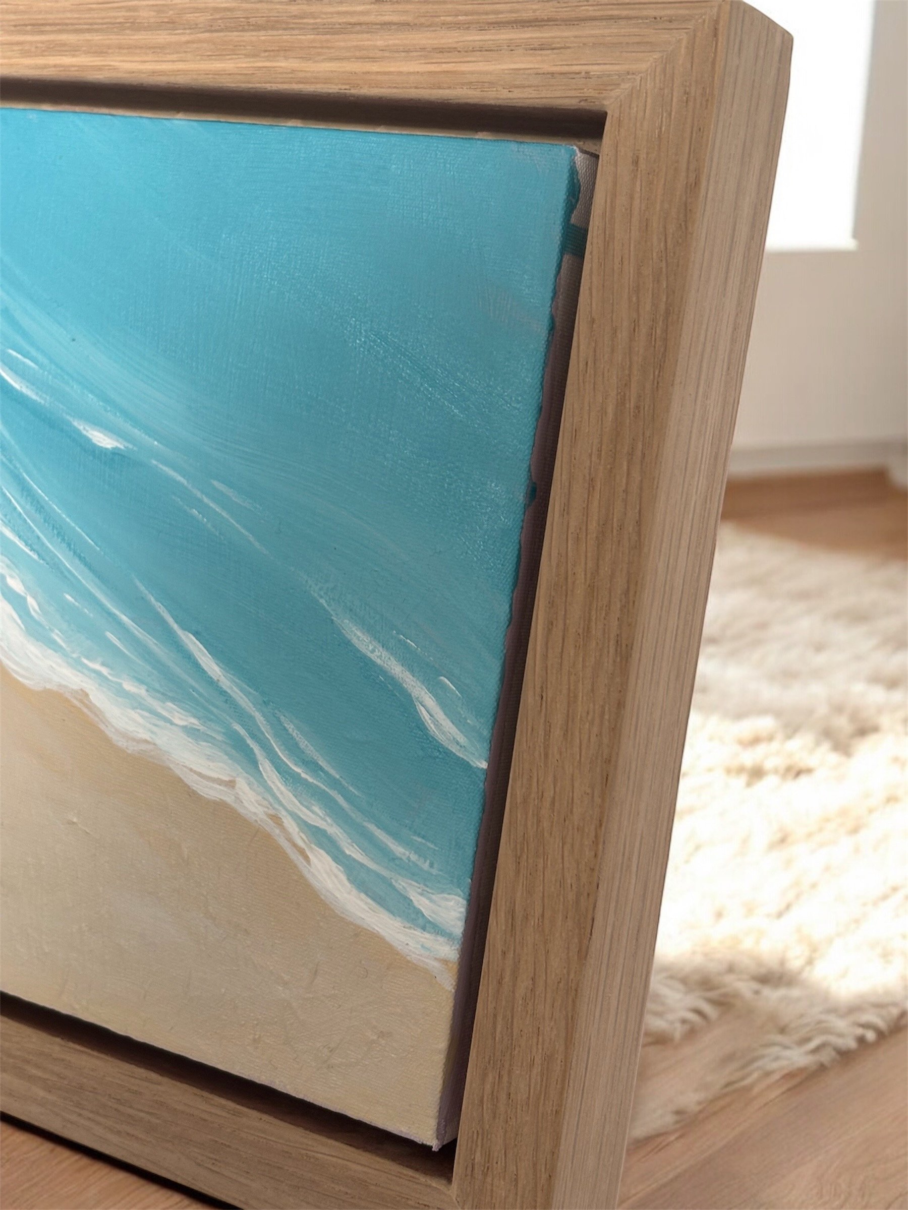 Shoreline I original coastal seascape painting with turquoise ocean waters and golden sands in oak veneer frame