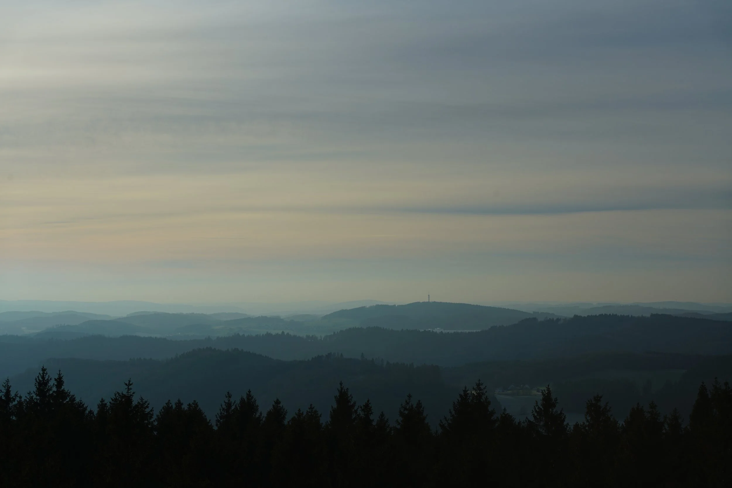 Blick auf Hügel und Berge bei bewölktem Himmel, dunkle Baumkronen im Vordergrund