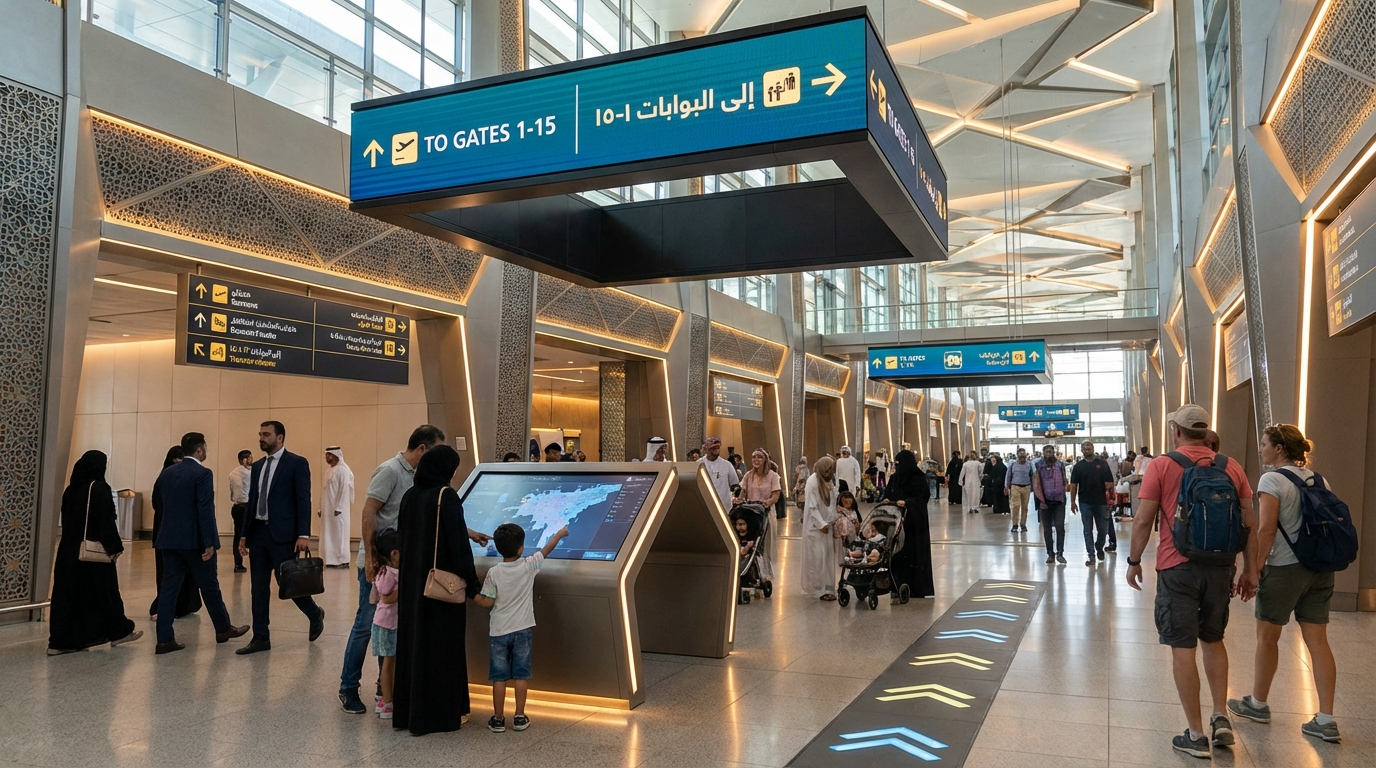 Airport Wayfinding Strategy Dubai. Interior of an airport with travelers walking and standing, digital information and signage wayfinding displays, and an interactive kiosk showing a world map