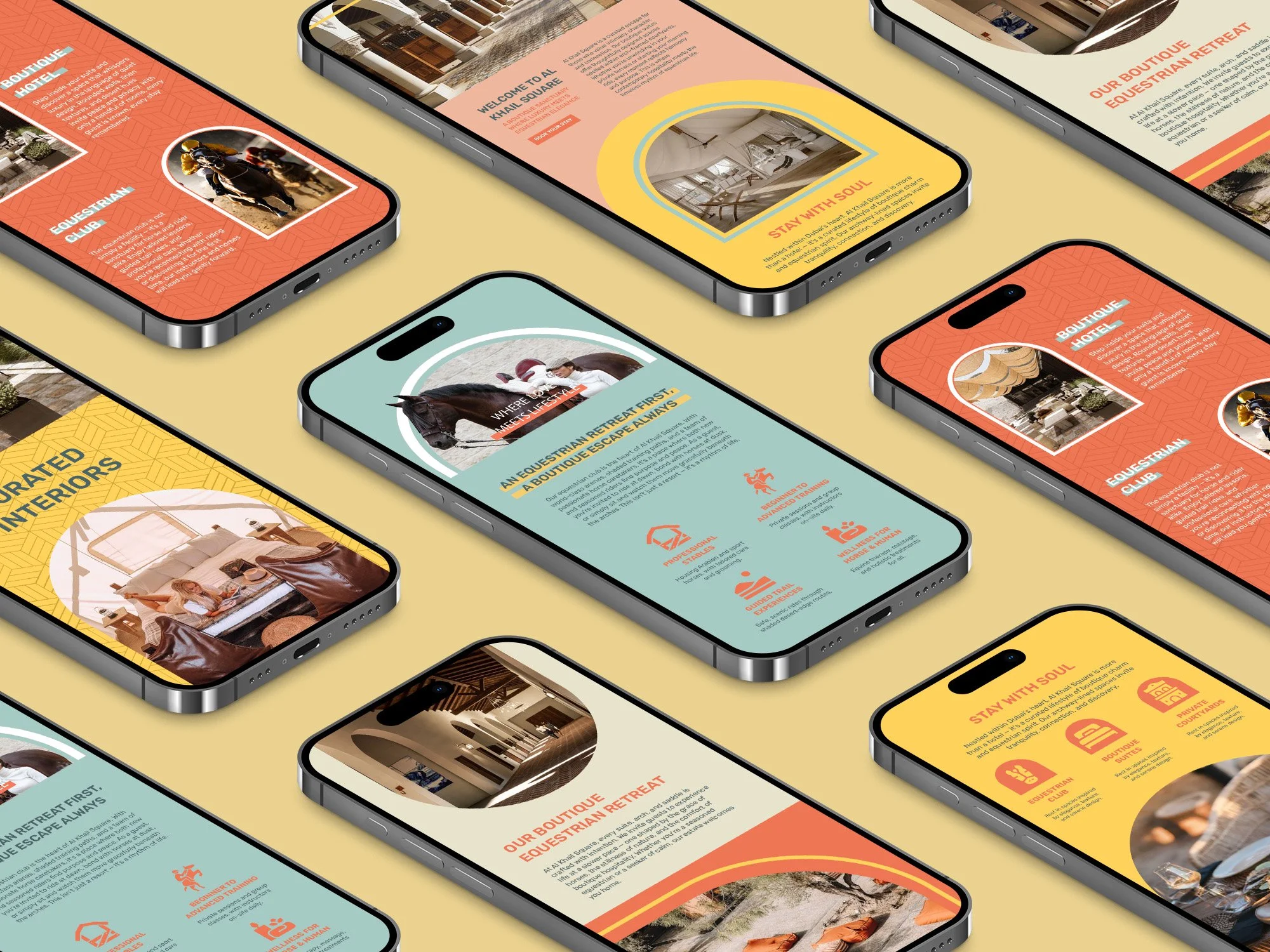 Multiple smartphones displaying colorful destination branding website pages with images of hotel interiors, equestrian activities, and accommodations, arranged on a yellow background.