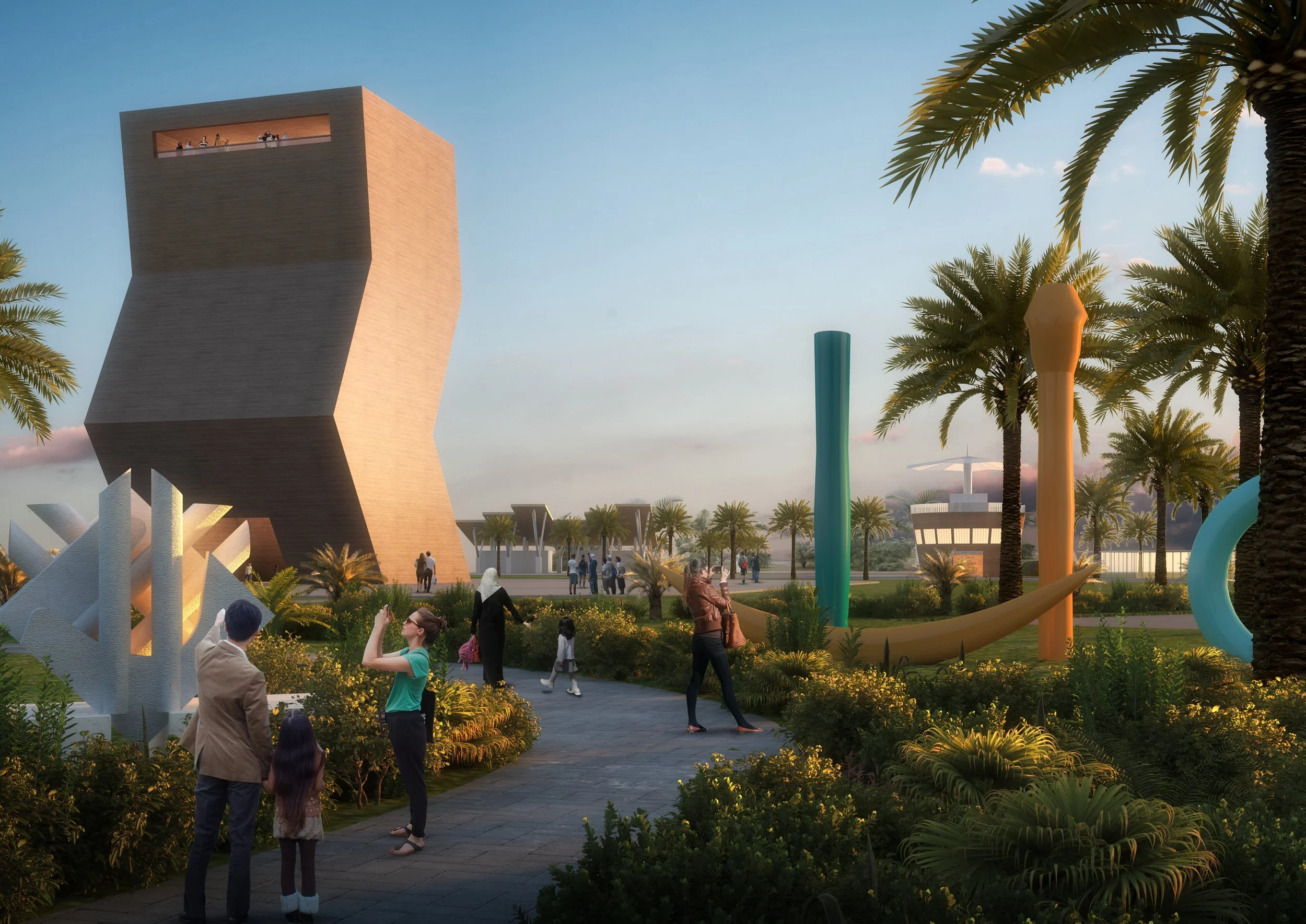 Yas Island Placemaking. People walking and taking photos in a modern art park in Abu Dhabi with large colorful sculptures, palm trees, and a unique twisted building in the background during sunset.
