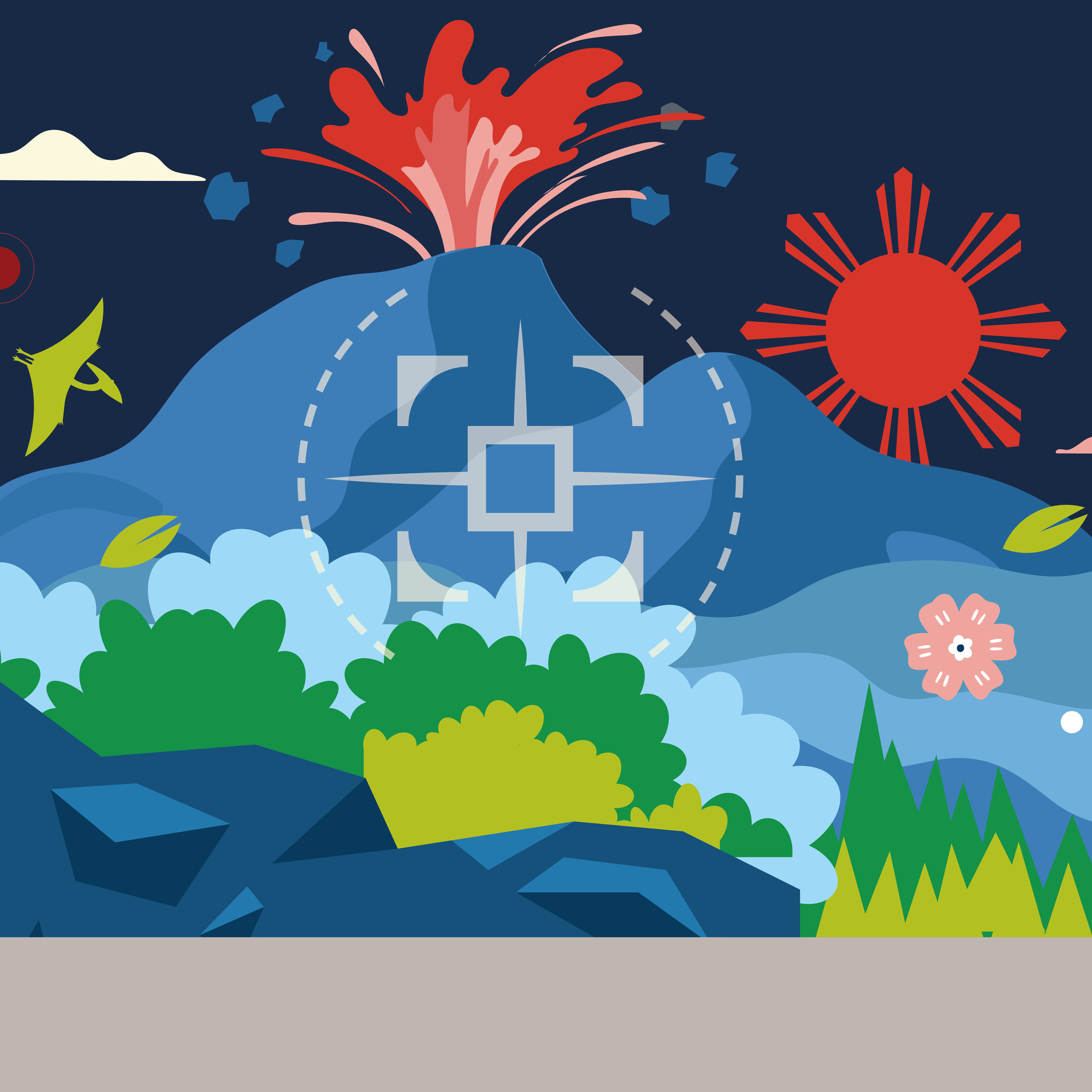 Google HQ Manila Illustration of a volcano erupting with red and pink lava and blue rocks, a red sun with sunbeams to the right, a green dinosaur on the left, trees and clouds at the bottom, and a flying pink bird, all against a dark blue background.