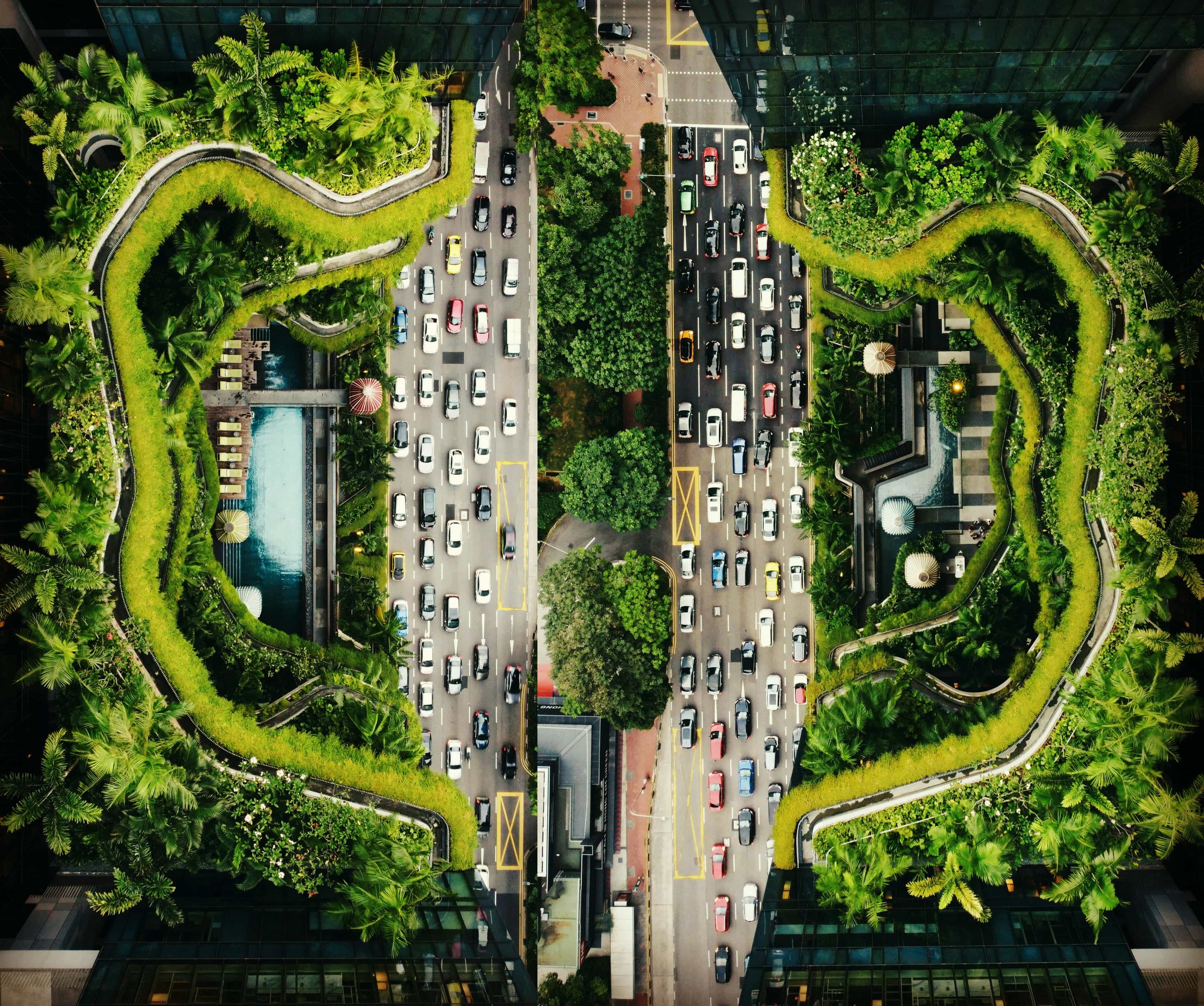 Aerial view of a city street in Singapore showing a sense of place, surrounded by green plants and trees, with glass buildings reflecting the greenery.