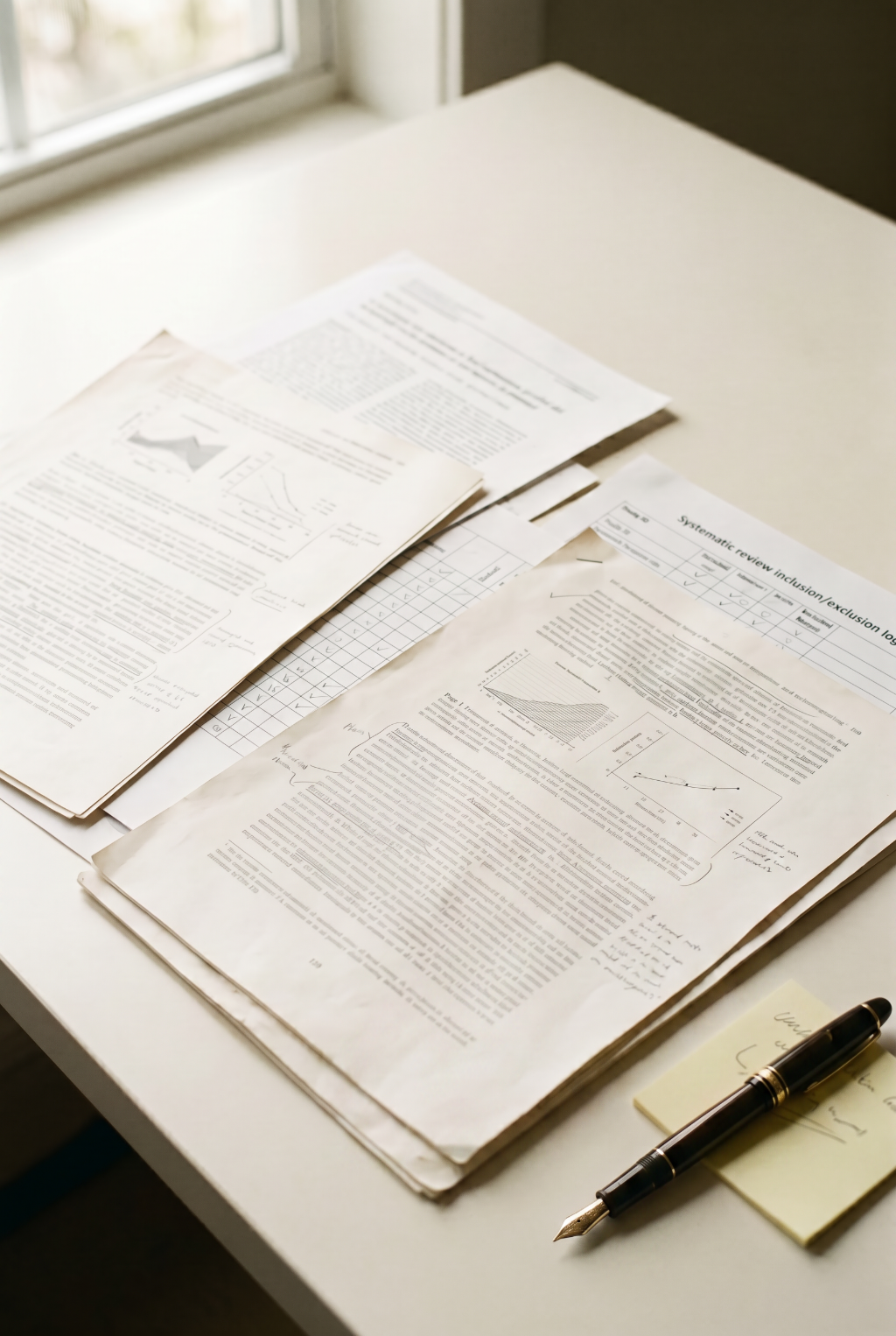 Clinical research papers and systematic review documents arranged during evidence gathering and critical appraisal