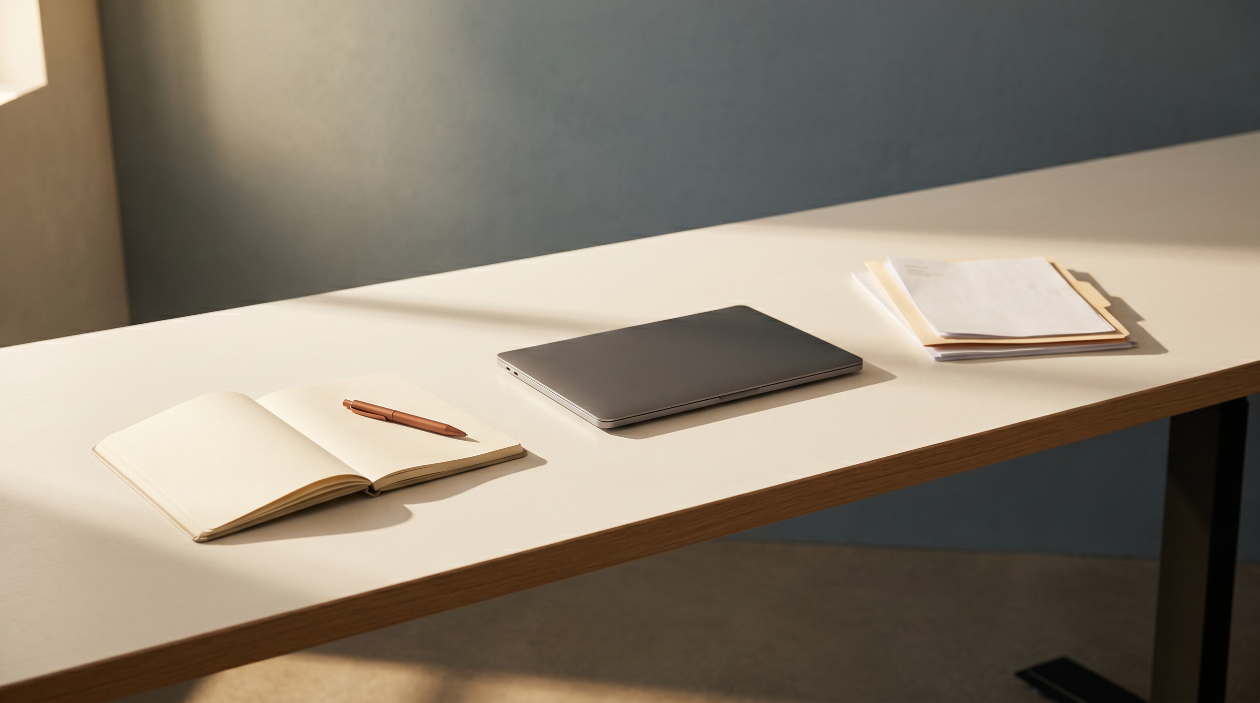 Minimal research workspace with open notebook, laptop, and clinical documents representing EviArc's evidence methodology