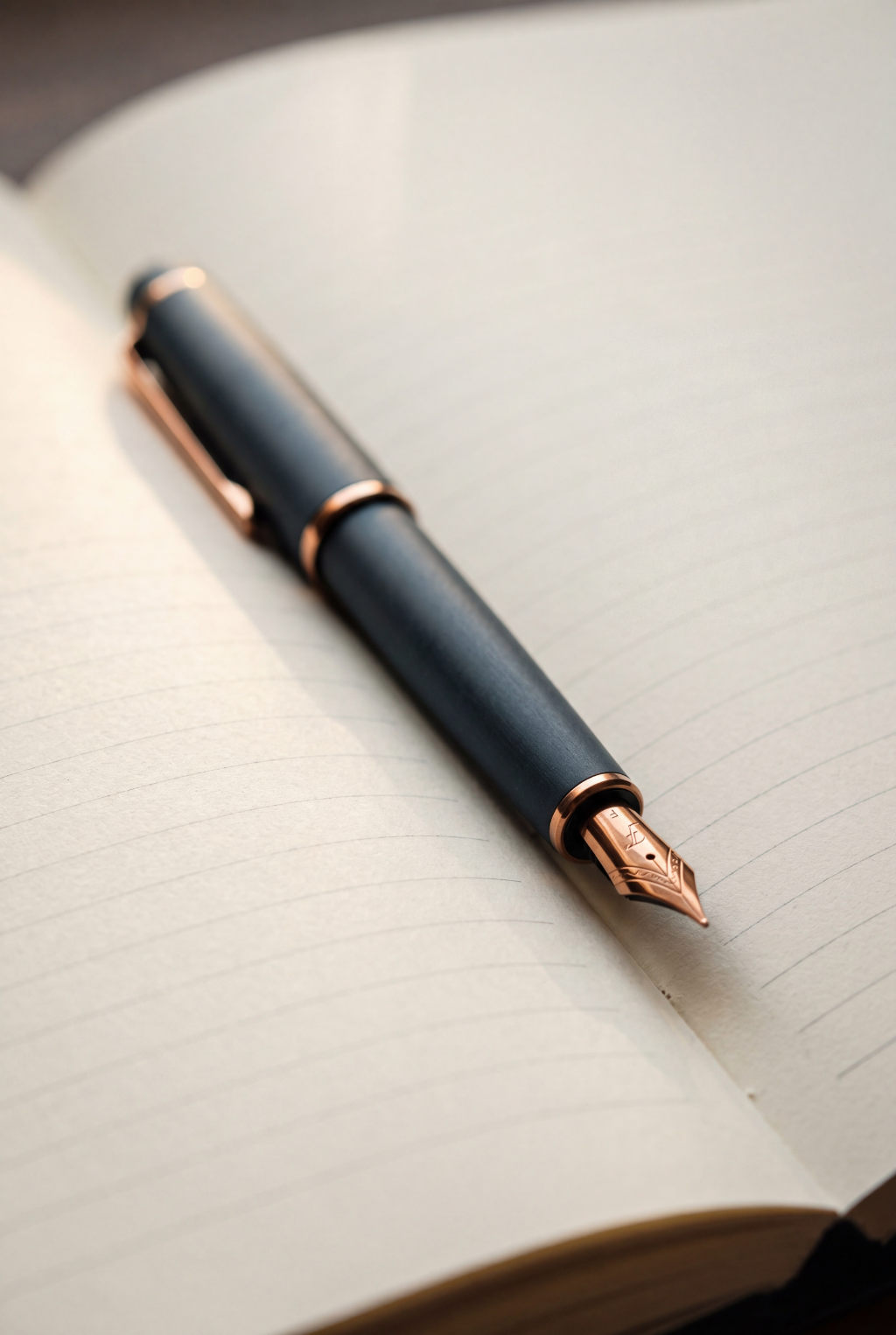 Precision fountain pen on open notebook representing EviArc's medical writing and evidence documentation services