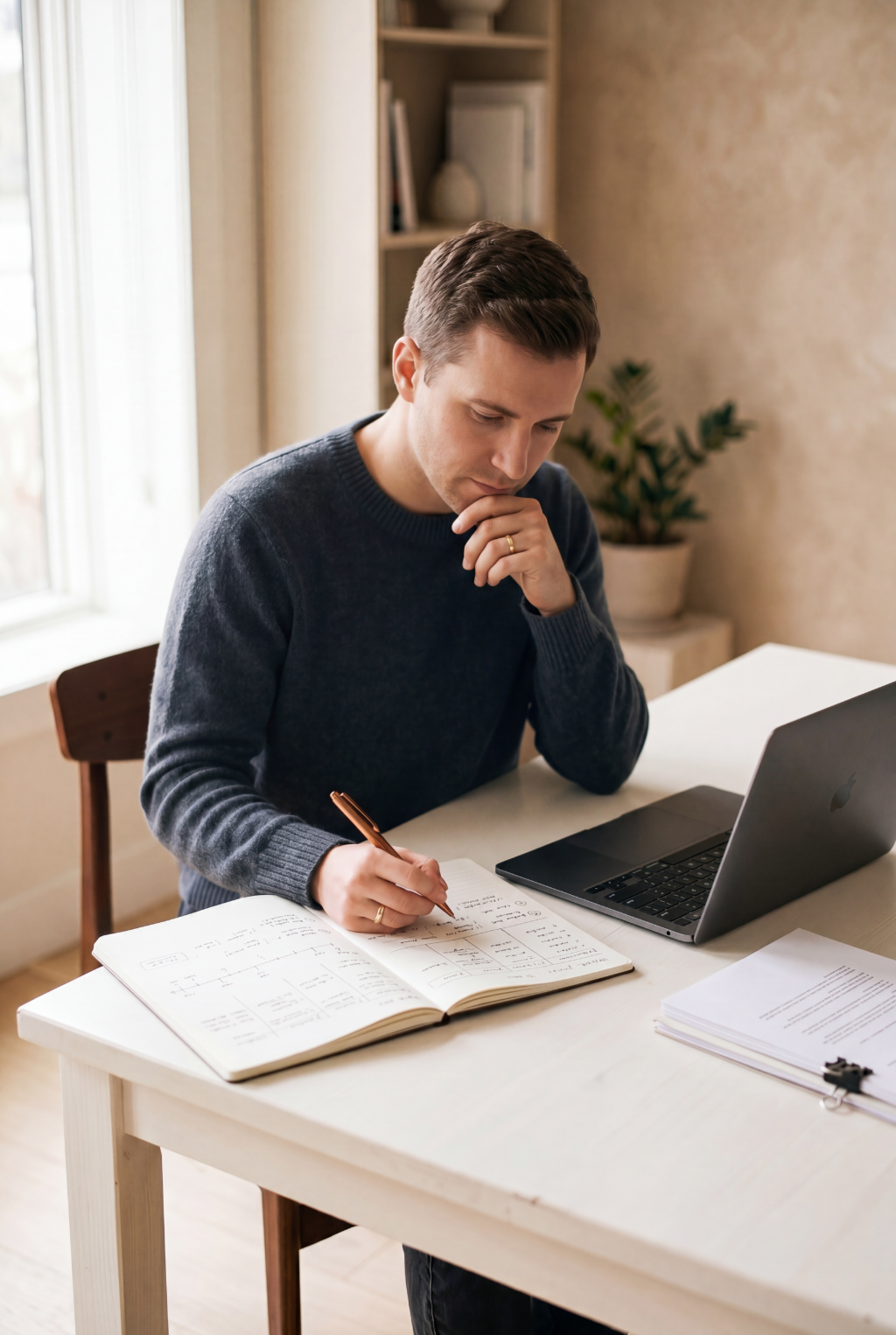 Consultant developing a systematic review or clinical evaluation protocol, writing detailed scoping notes with laptop and research documents