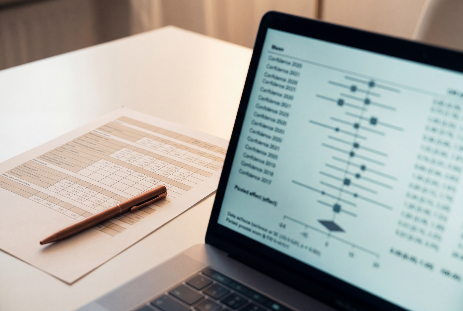 Forest plot meta-analysis displayed on laptop alongside printed data extract representing systematic review and evidence synthesis services