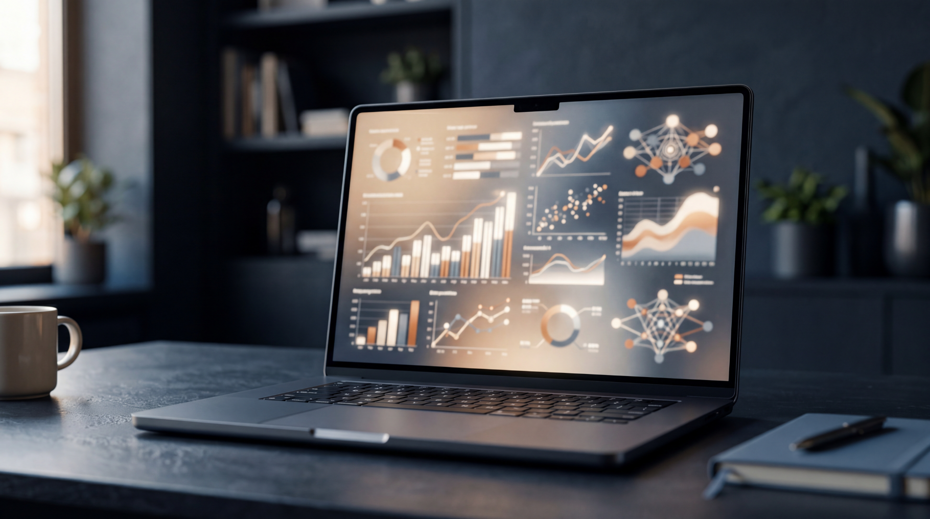 Laptop displaying biostatistics and data analysis dashboard for clinical research and health data reporting