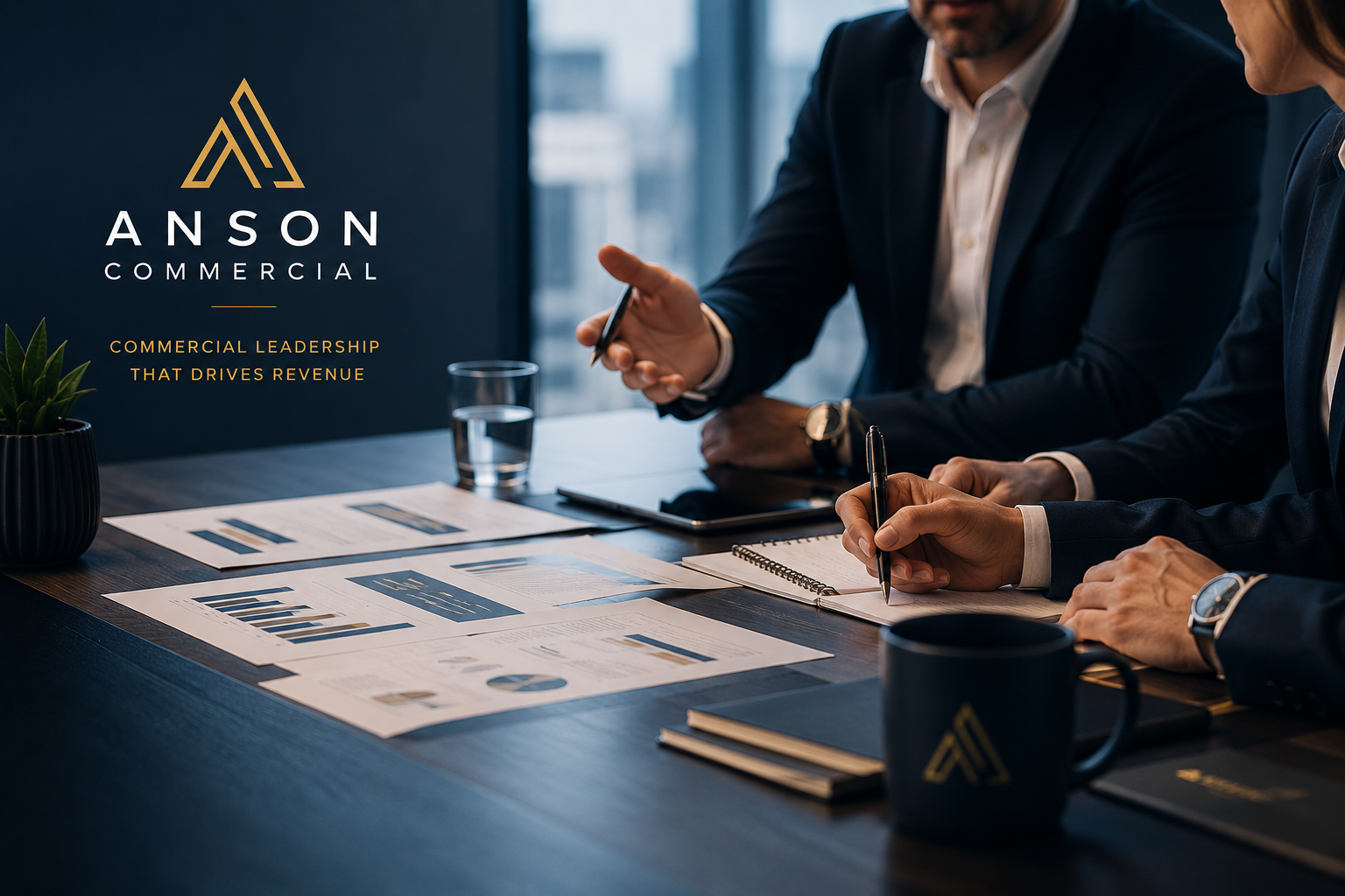 Business meeting with two people at a conference table, discussing documents and charts, with a computer screen displaying 'ANSON COMMERCIAL' and the tagline 'Commercial leadership that drives revenue'.