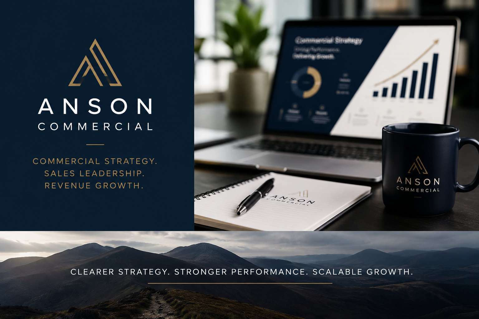 A promotional visual for Anson Commercial featuring a navy blue logo and branding. The image showcases a desk with a laptop displaying graphs, a branded mug, a notebook, and a pen, alongside a scenic mountain landscape with clouds. The text highlights commercial strategy, sales leadership, revenue growth, and scalable growth.