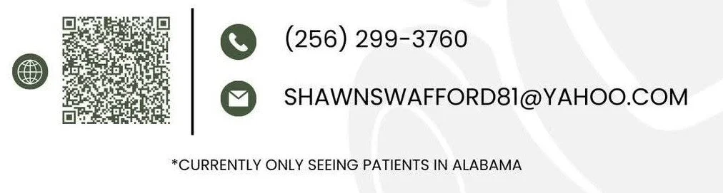 Business card with contact details, including a QR code, phone number, email, and a note indicating seeing patients in Alabama only.