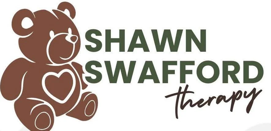 Logo with a brown teddy bear with a heart on its chest, the text "SHAWN SWAFFORD therapy" with "SHAWN SWAFFORD" in green and "therapy" in black cursive.