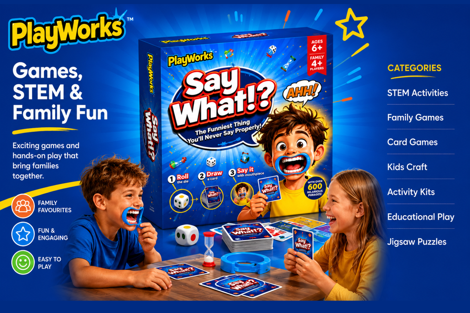 PlayWorx Say What?! family game box featuring children playing the game, with text highlighting categories such as STEM activities, family games, card games, kids craft, activity kits, educational play, and jigsaw puzzles.