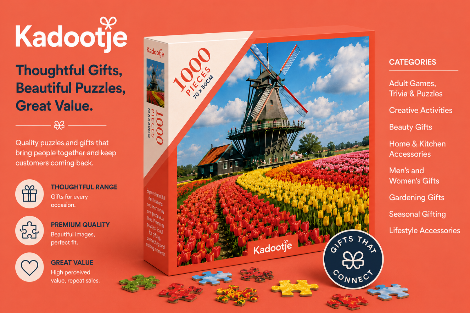 The image shows a promotional advertisement for Kadootje, a puzzle brand offering 1000-piece jigsaw puzzles. It features a colorful image of a windmill with tulips in the foreground, along with a box of the puzzle. The background is orange, with text describing the product's features, categories, and benefits, including quality, value, and variety of gift options.