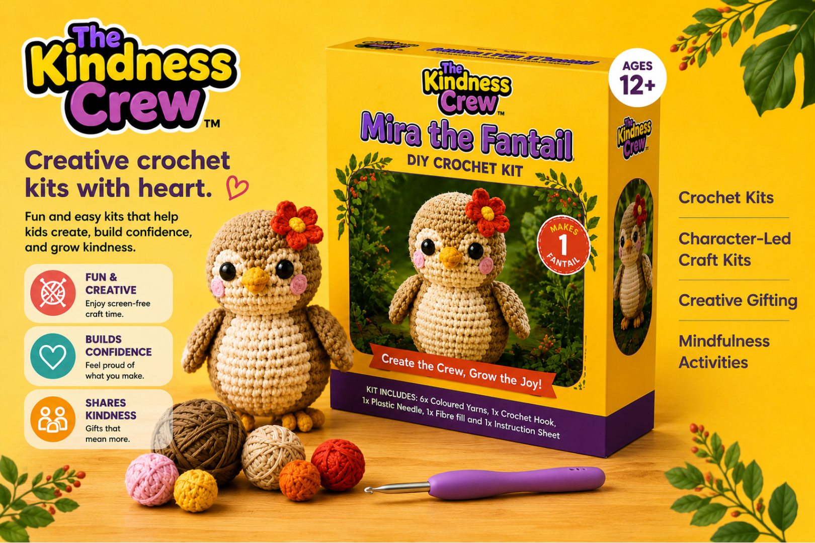 Box of The Kindness Crew Mira the Fantail DIY crochet kit featuring a crocheted bird with a red flower on its head, surrounded by various yarn balls, crochet hook, and decorative holly leaves.