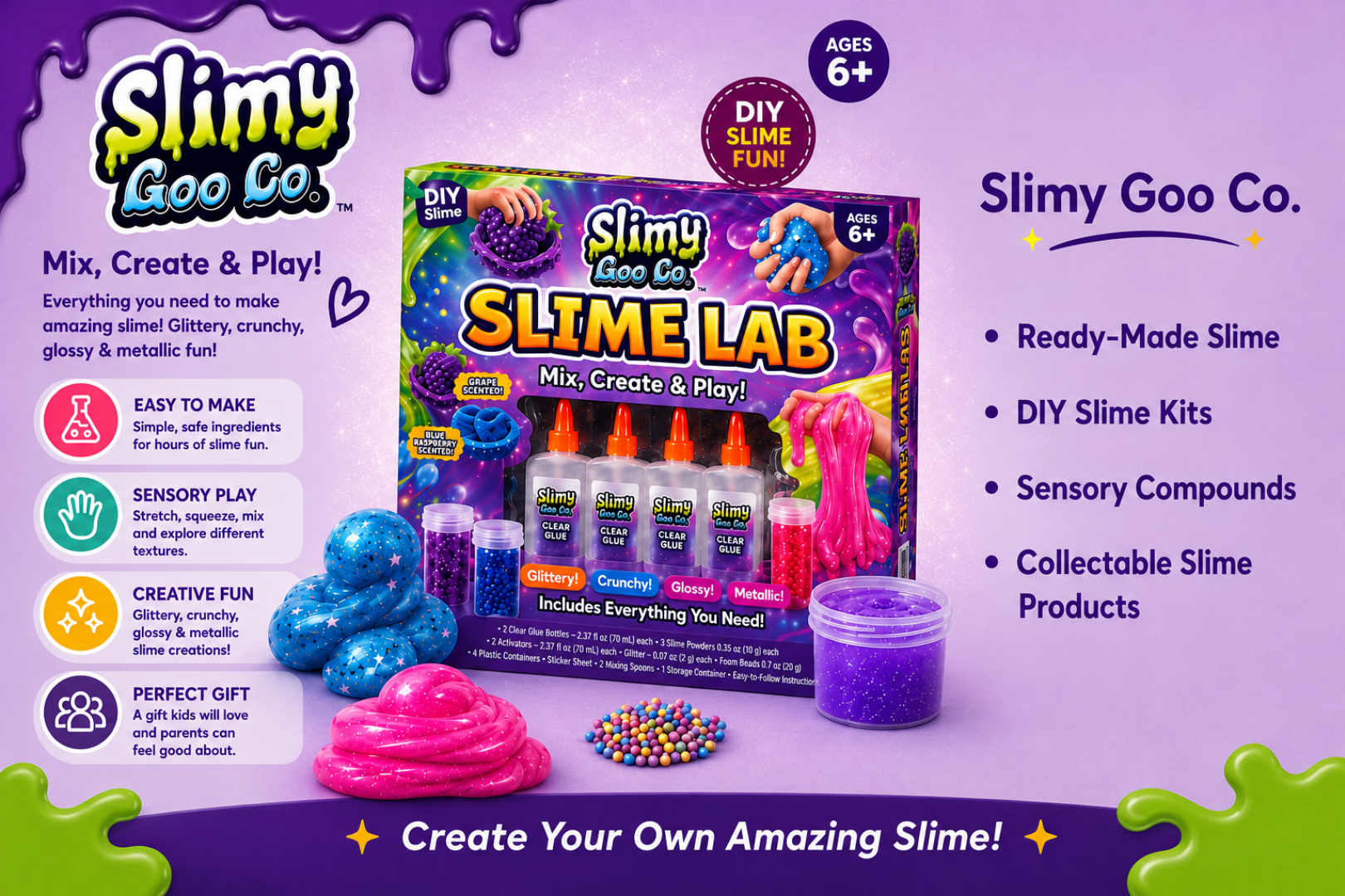 Packaging box for Slimy Goo Co. Slime Lab kit, featuring colorful slime in various textures and glitters, bottles of clear glue, and information about DIY slime creation for ages 6 and up.