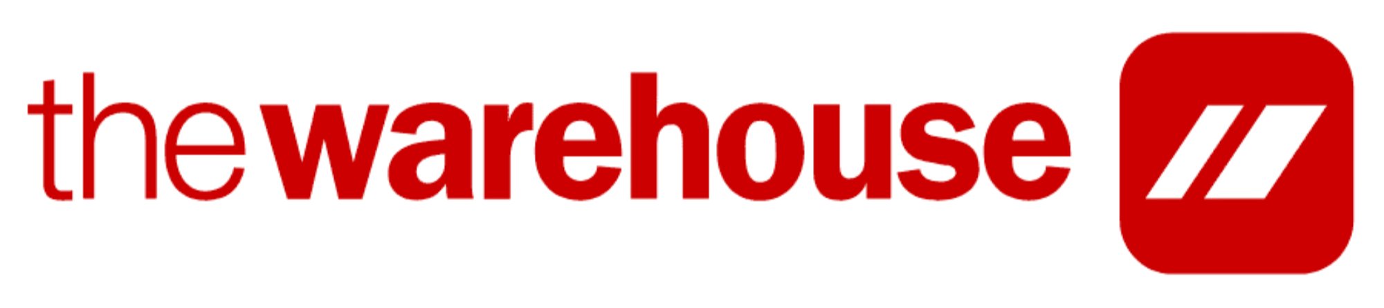 The Warehouse logo in red text with a red square icon containing two diagonal black lines.