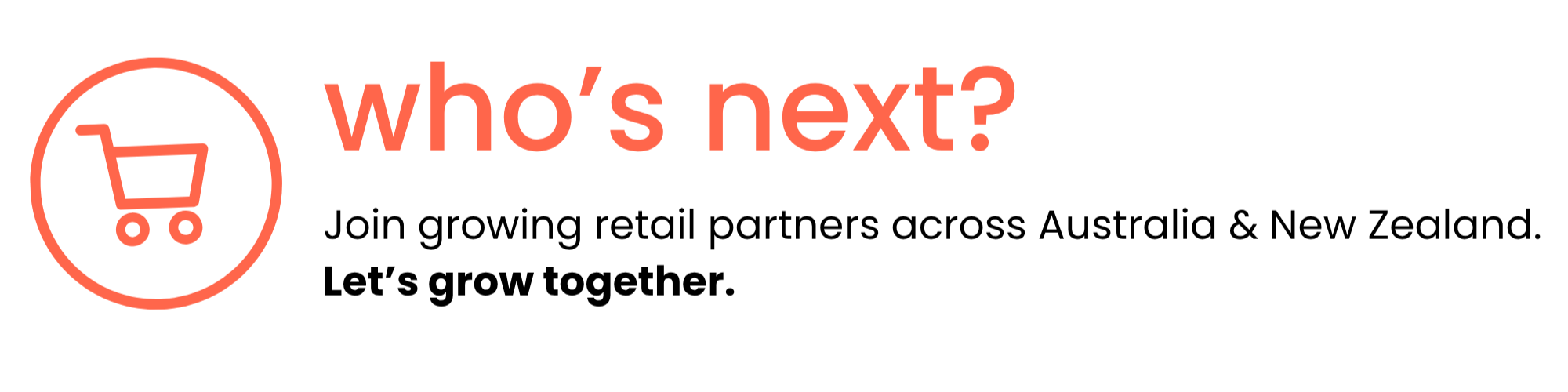 Graphic with shopping cart icon and text 'who's next?' in red and black.
