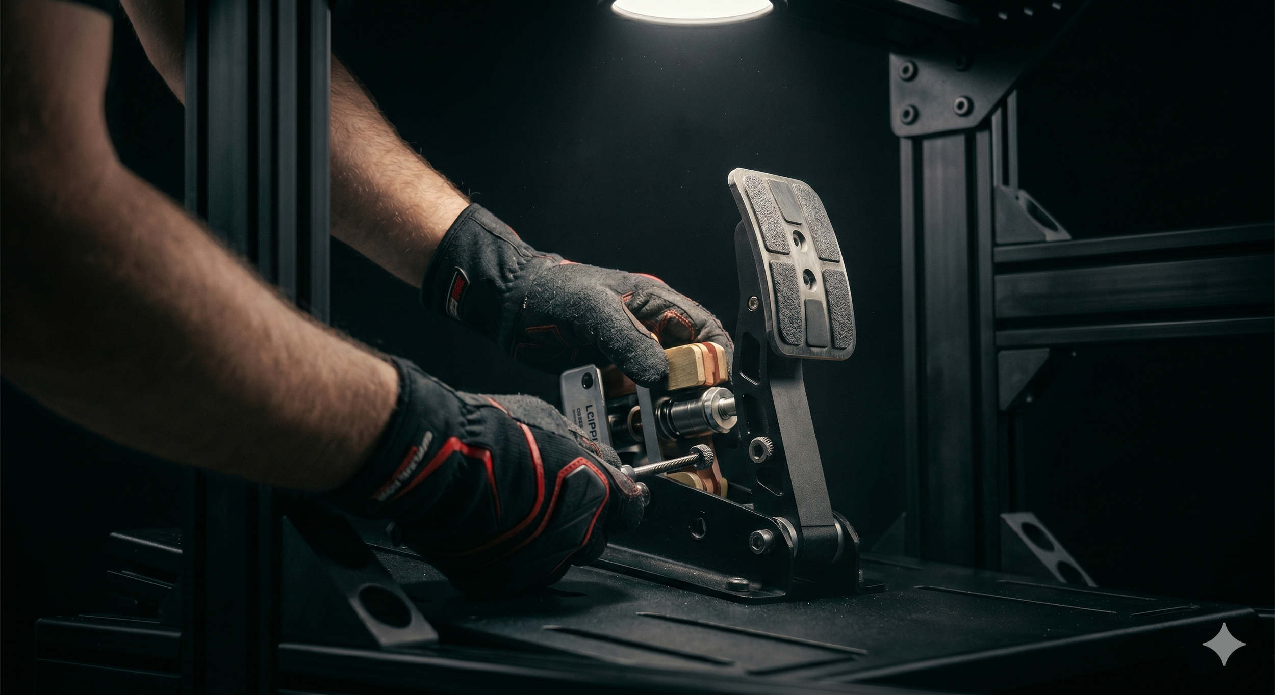 A person wearing black gloves is working on a mechanical part or machinery inside a dark workspace with focused lighting.