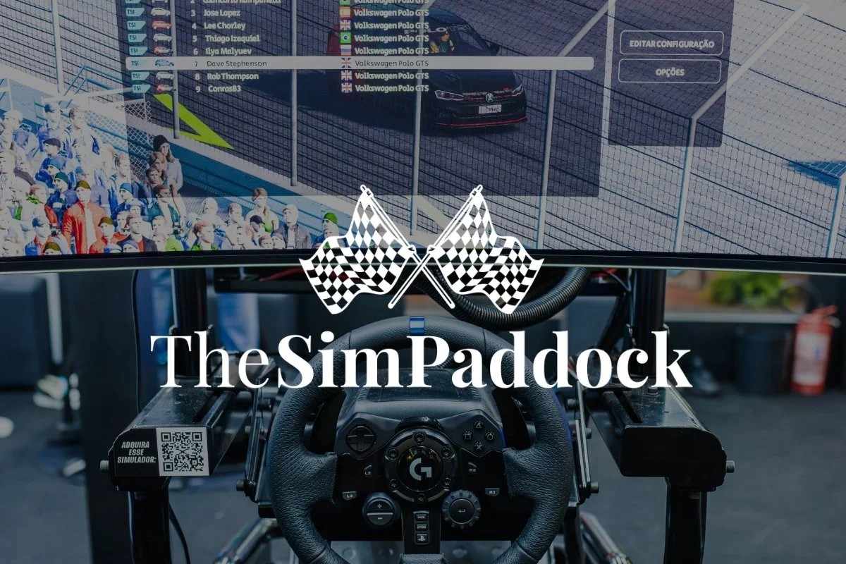 Image of a racing simulator setup with a steering wheel and two monitors displaying a racing game, with the text "TheSimPaddock" and checkered flags overlayed.