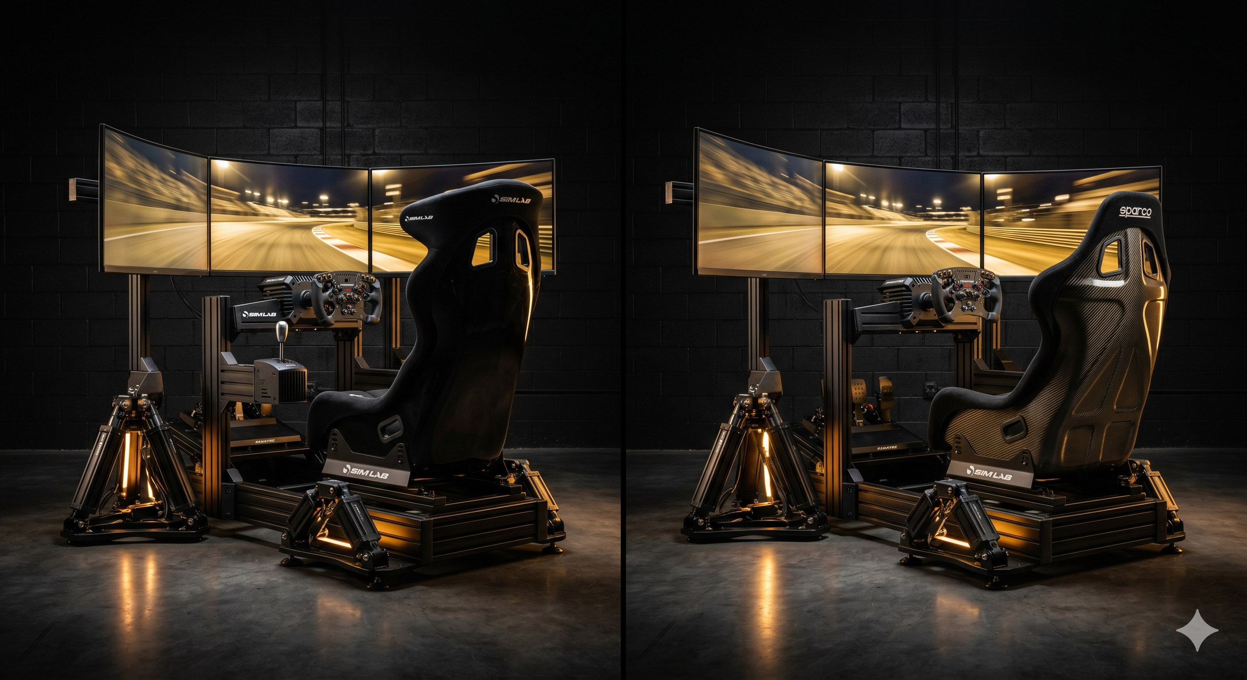 Twin racing simulator setups with large curved screens displaying a blurred racing scene, racing seats, steering wheels, and pedals, all mounted on a black platform in a dark room.