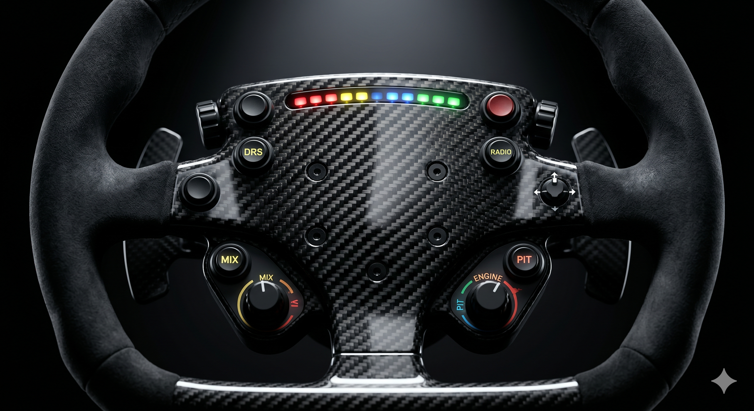 Close-up of a racing car steering wheel with a carbon fiber finish, black textured grips, and multicolored LED indicators at the top.