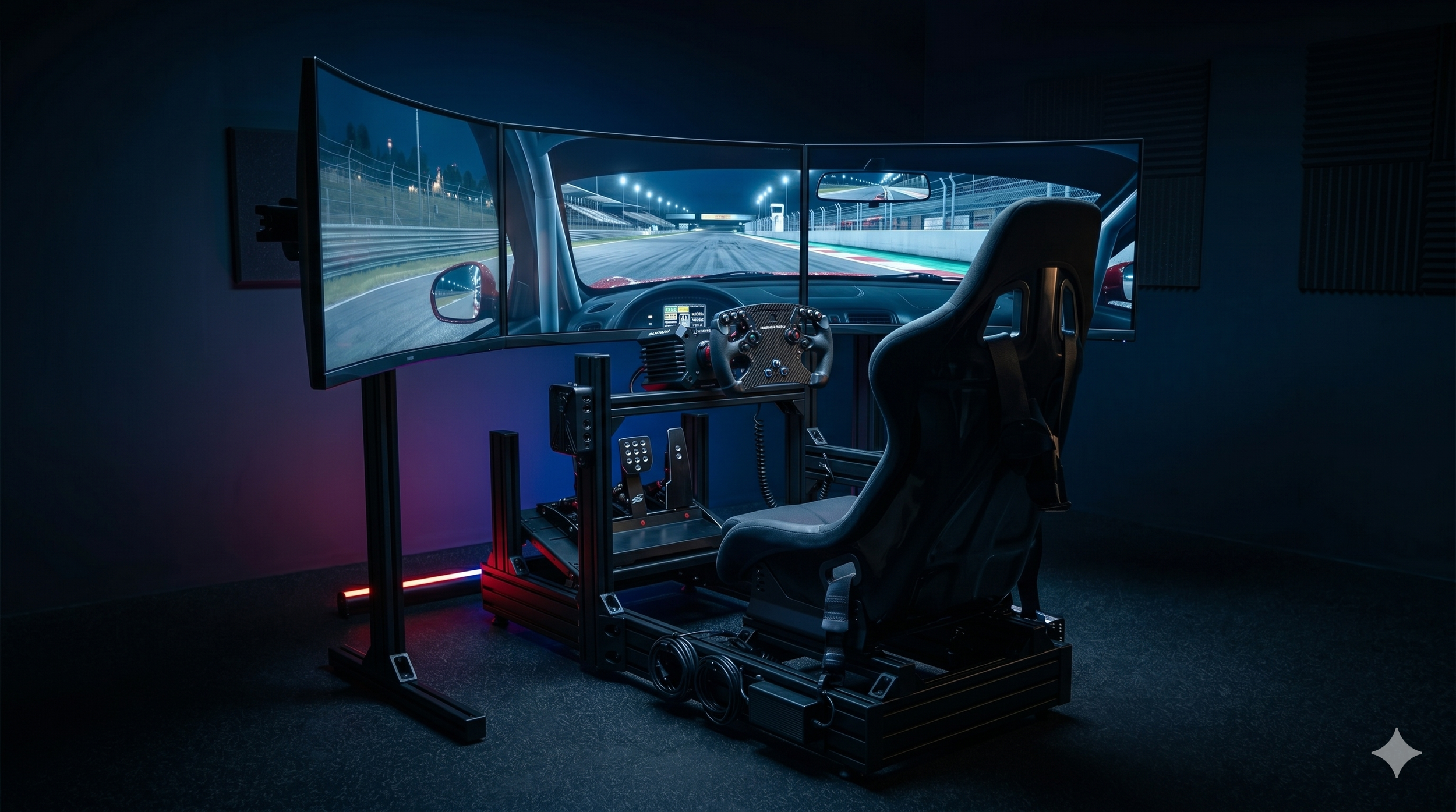 Sim racing simulator setup with three curved monitors showing a race track, racing wheel and pedals, and a racing seat in a dark room.